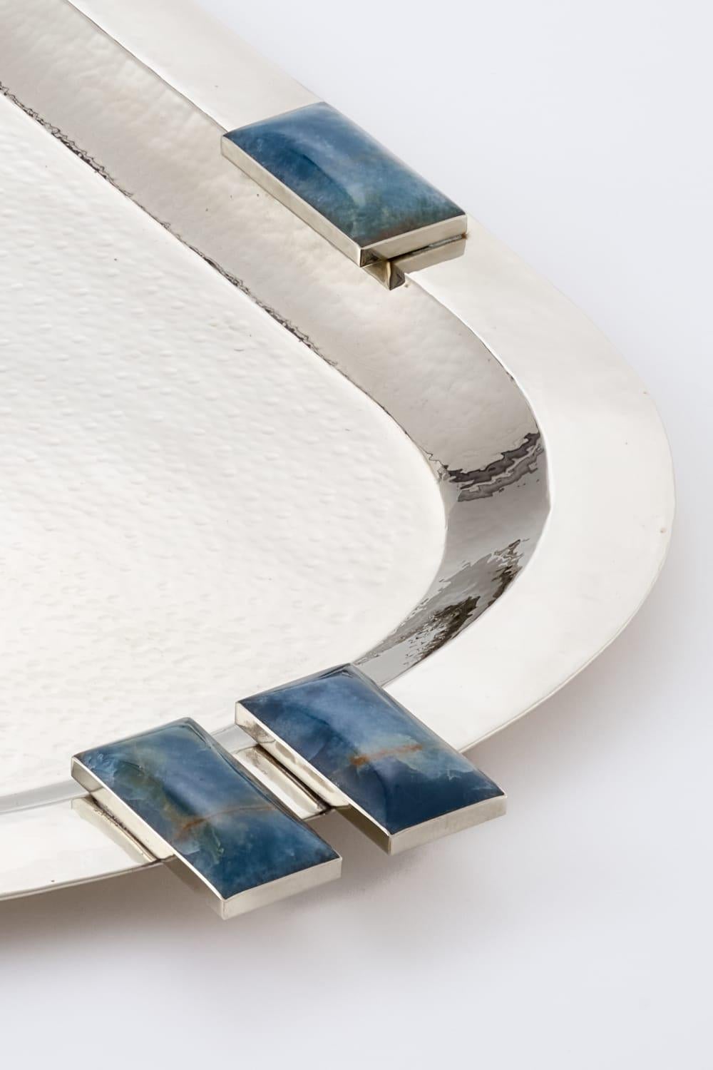 Modern Glaciar Silver Alpaca & Blue Onyx Stone Large Bar Tray For Sale