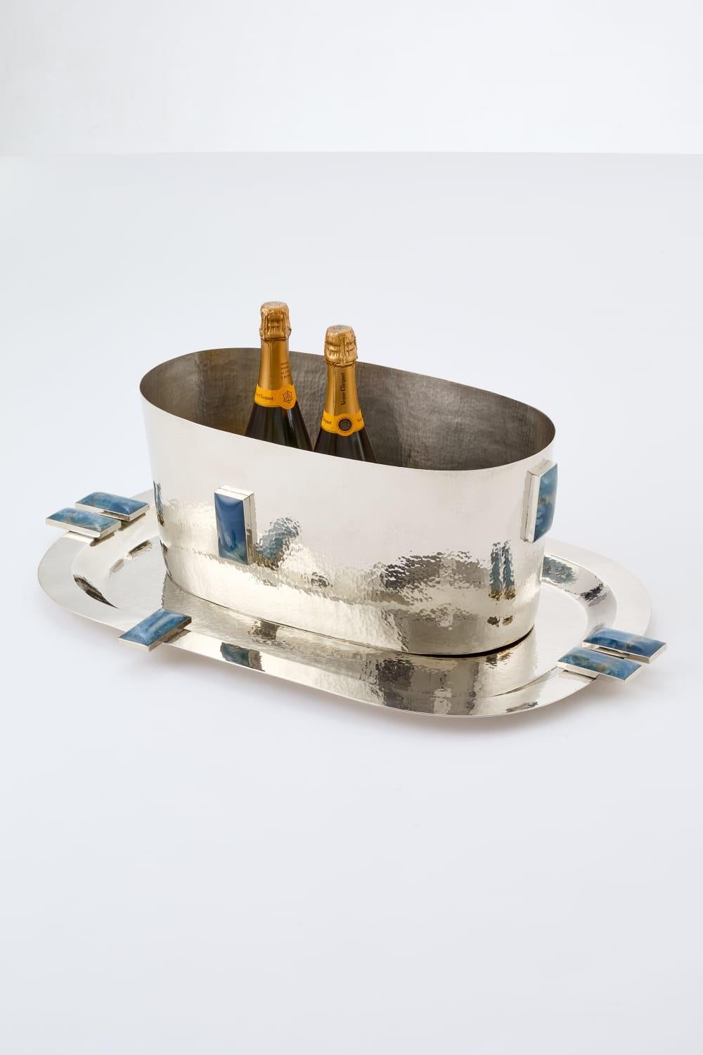 Glaciar Silber Alpaka & Blauer Onyx Stone Medium Bar Tablett (Südamerikanisch) im Angebot
