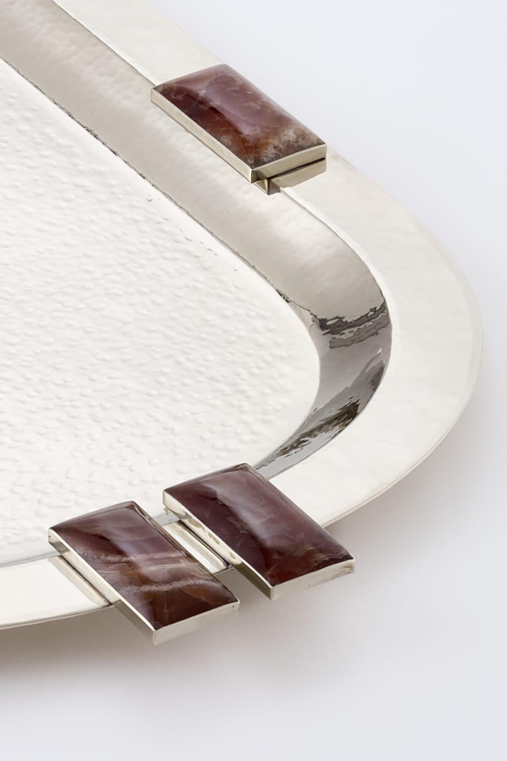 Modern Glaciar Silver Alpaca & Bordeaux Onyx Stone Large Bar Tray For Sale