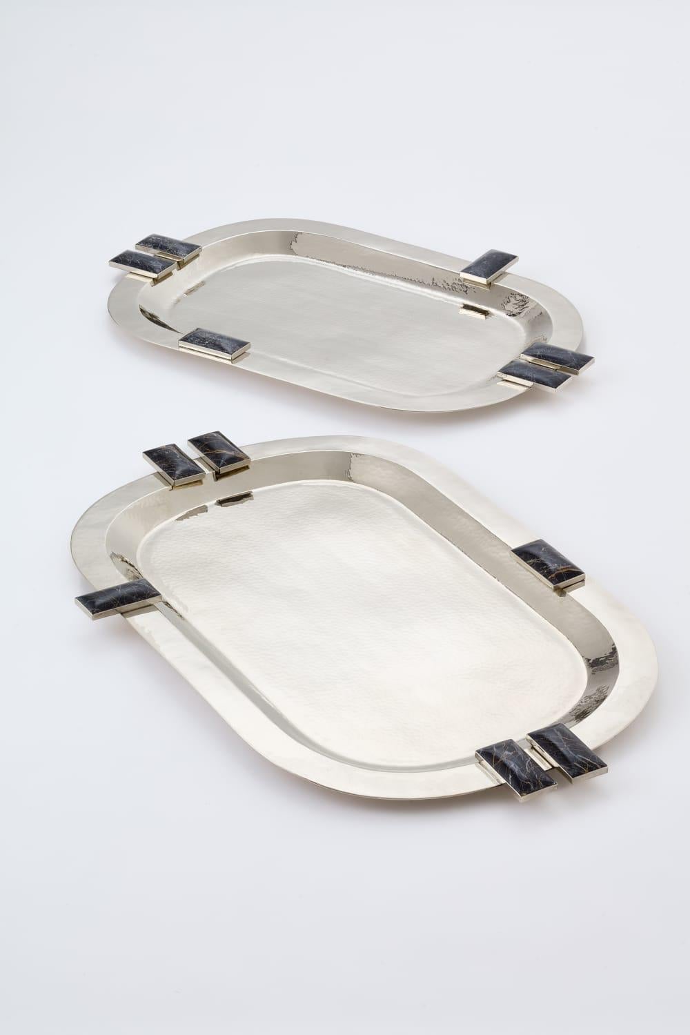 South American Glaciar Silver Alpaca & Bordeaux Onyx Stone Large Bar Tray For Sale