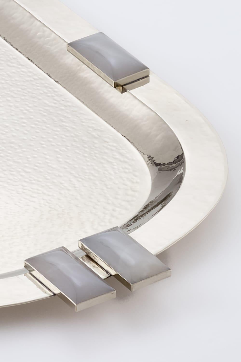 Modern Glaciar Silver Alpaca & Cream Onyx Stone Large Bar Tray For Sale