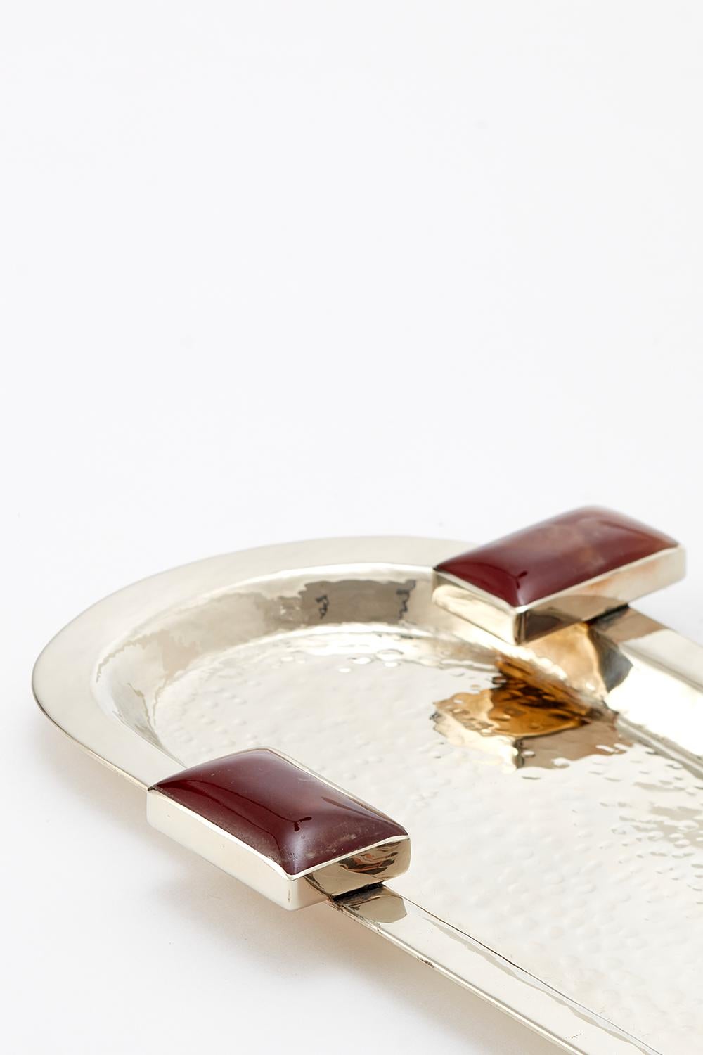 Modern Glaciar Small Silver Alpaca & Brown Onyx Stone Tray For Sale