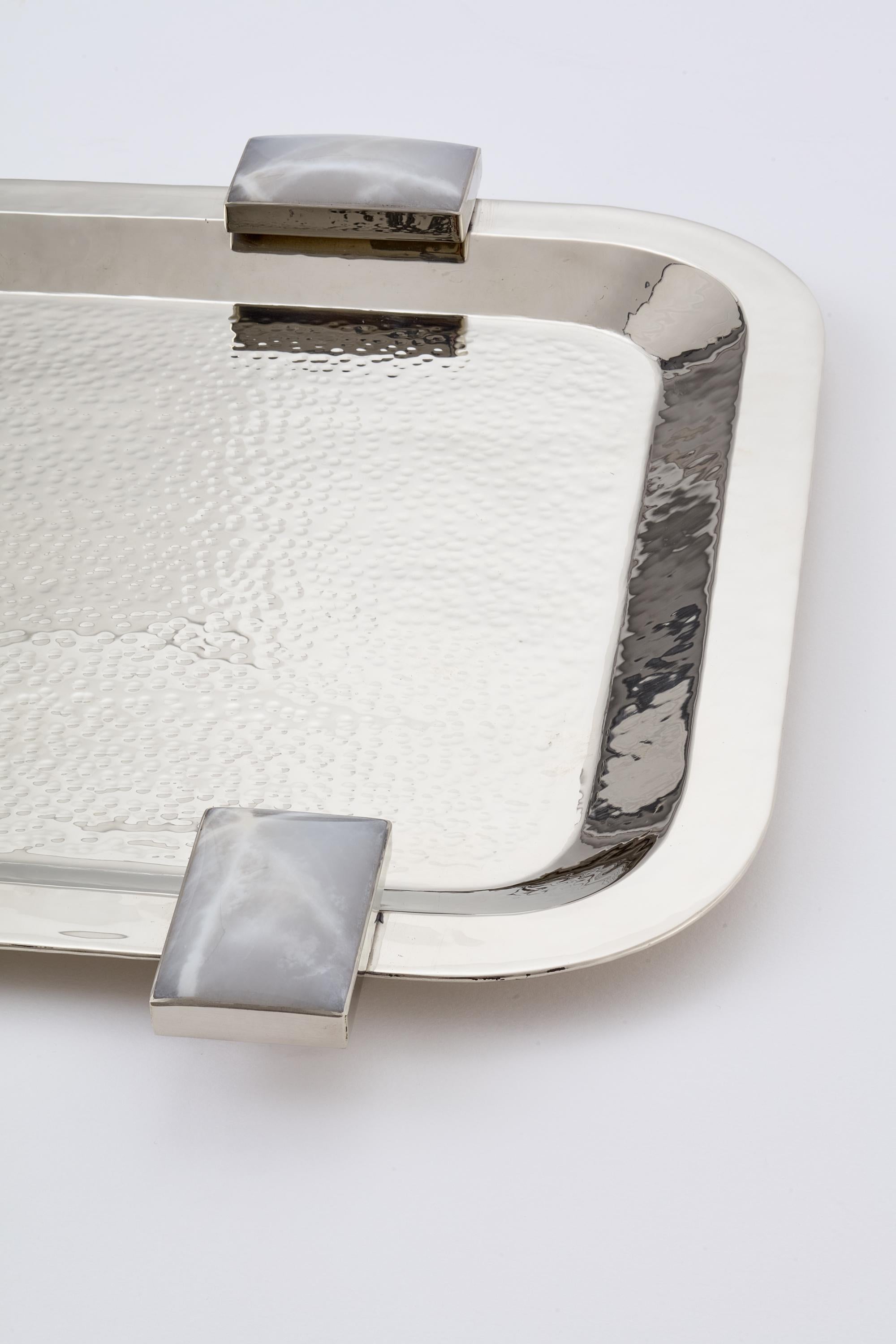 South American Glaciar Small Silver Alpaca & Cream Onyx Stone Square Tray For Sale