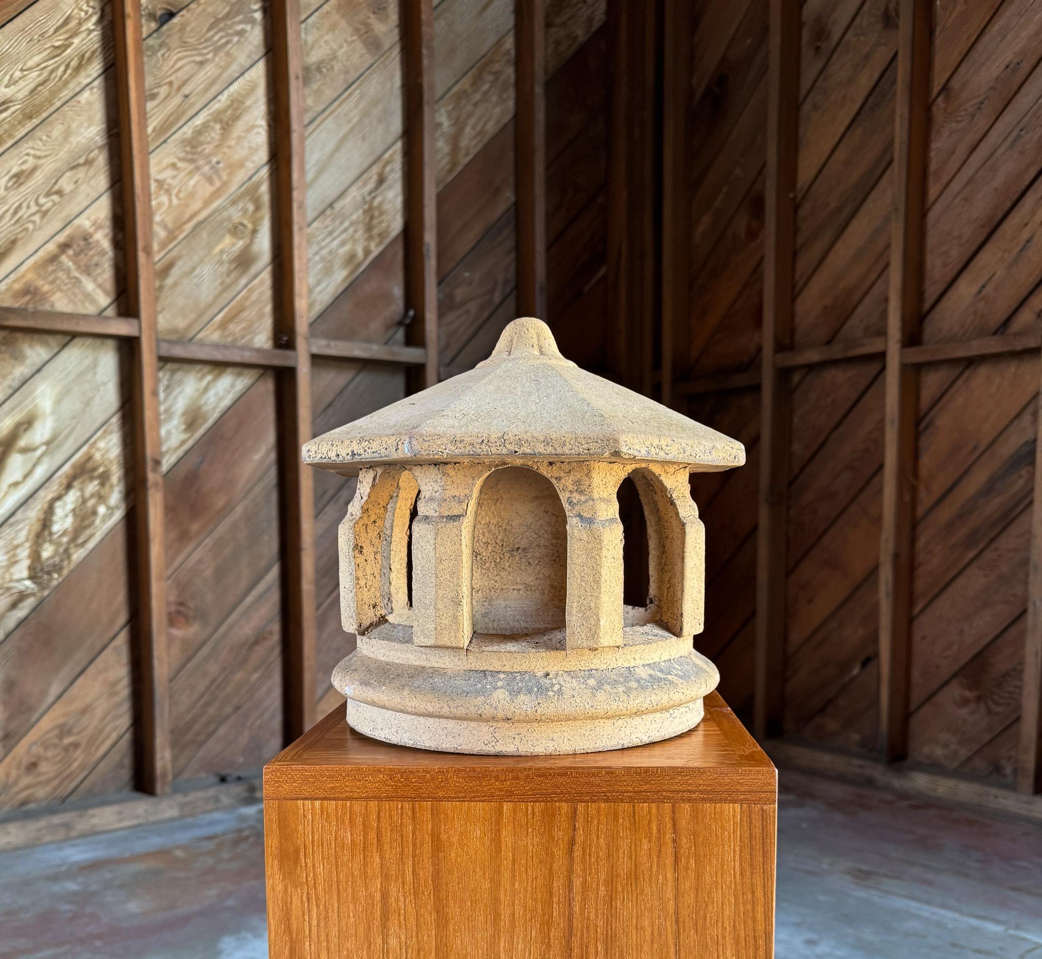 GLADDING McBEAN & CO.  Terracotta Chimney Cap,  Lincoln,  California,  c.1925.  Makers mark to the top.

This piece also functions well as a decorative object, centerpiece, sculpture etc. 