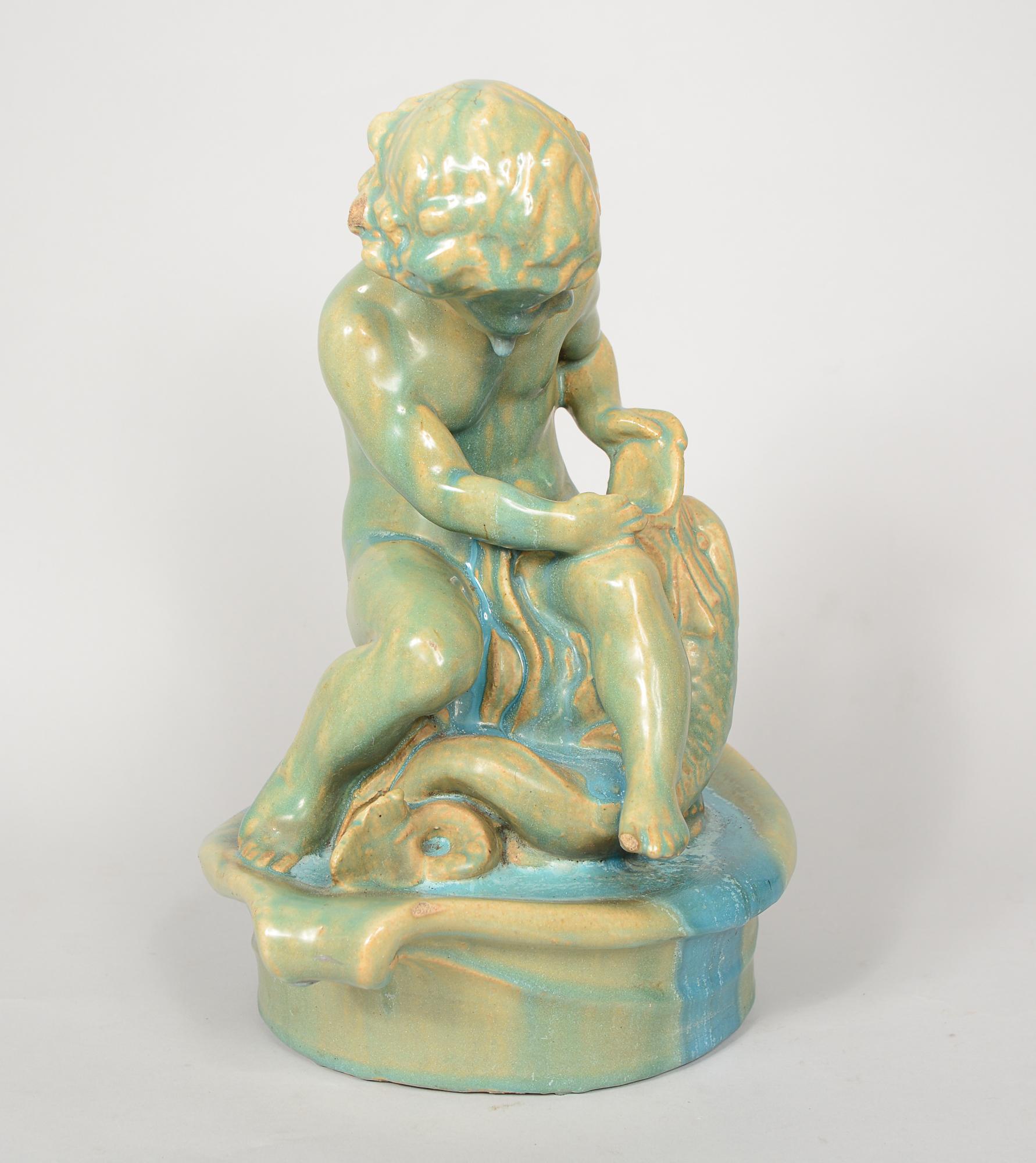 Gladding McBean Fountain Centerpiece Child with a Fish In Good Condition For Sale In San Mateo, CA