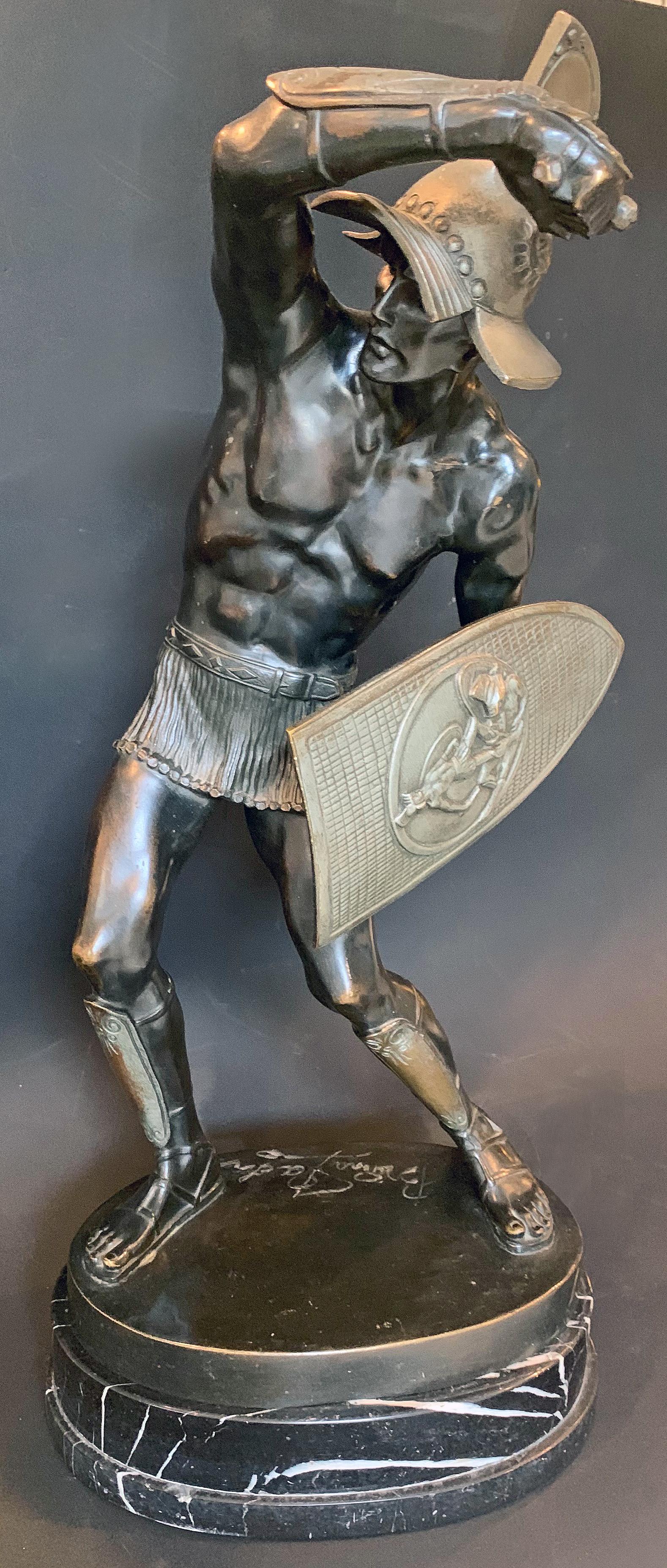 The first example of this sculpture we have seen, this striking depiction of a male gladiator -- clothed in nothing but a short mail skirt - is shown in the midst of battle, one arm raised with dagger in hand, the other holding a shield decorated