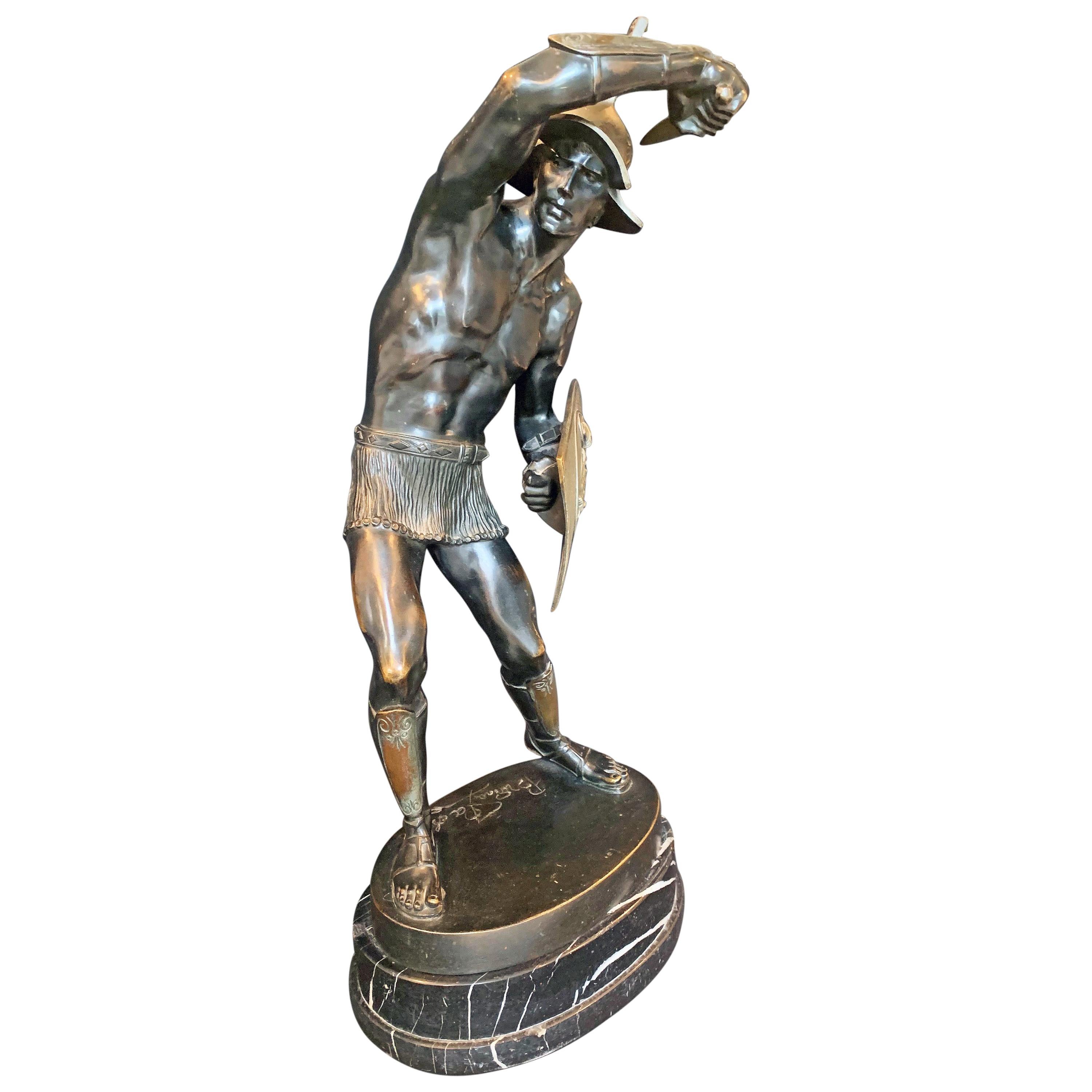 "Gladiator with Shield and Helmet," Rare, Large Bronze Sculpture with Nude Male