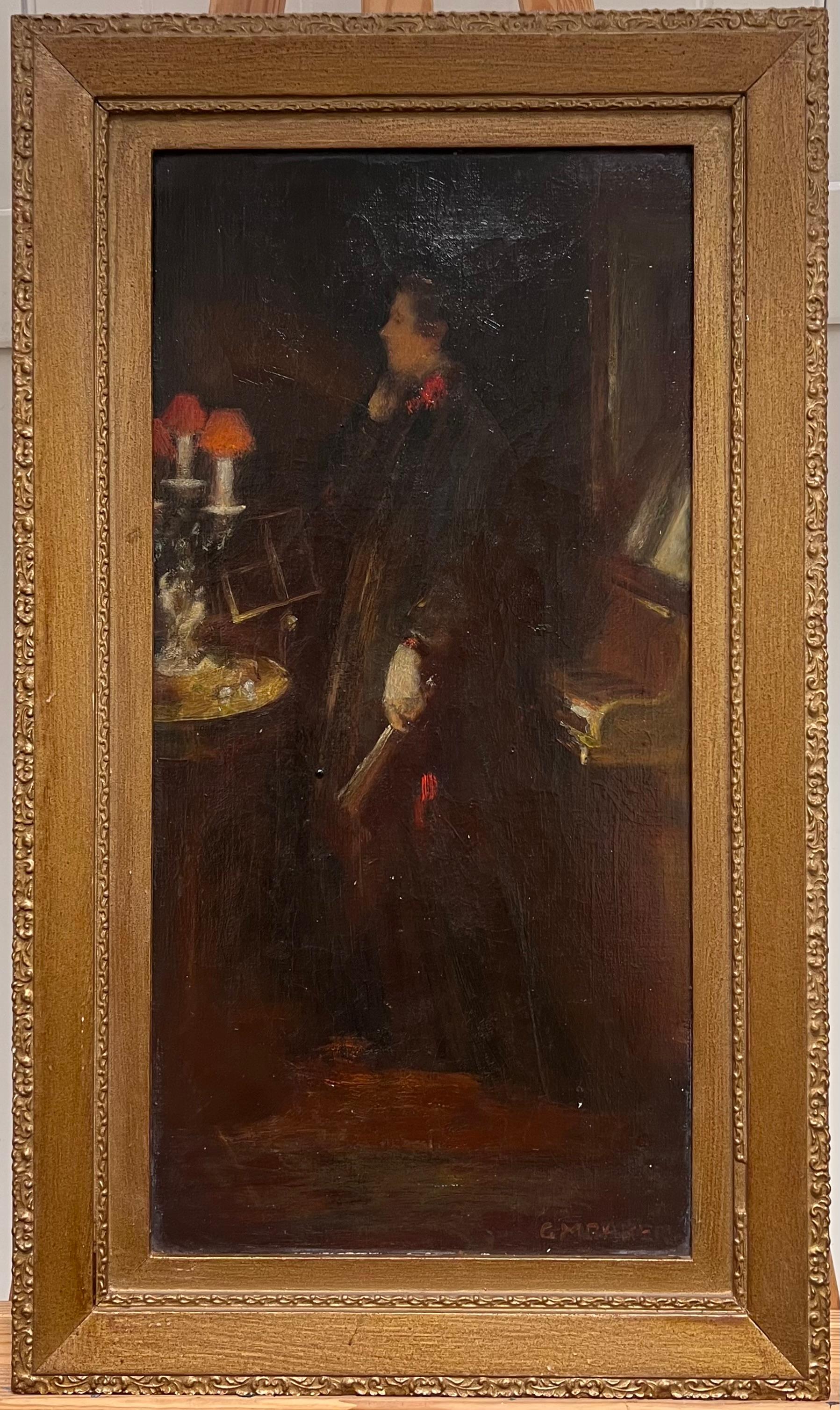 1920's British Signed Oil Painting Portrait Lady by Piano Interior Light Scene - Black Interior Painting by Gladys Marguerite Baker (British, 1889-1959)