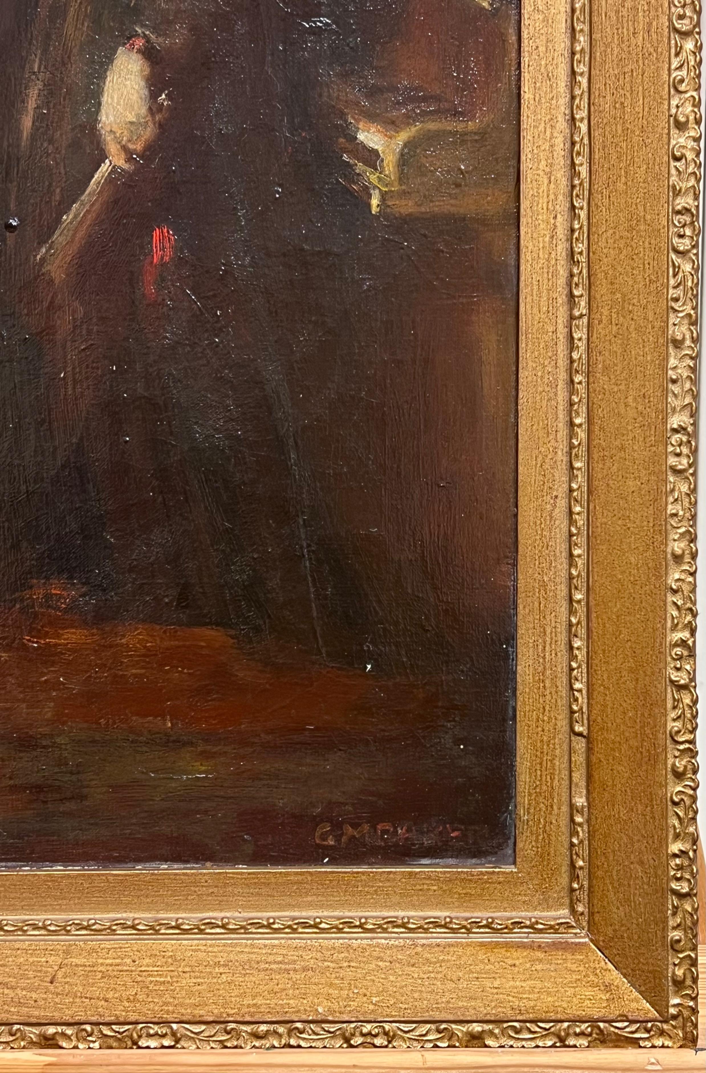1920's British Signed Oil Painting Portrait Lady by Piano Interior Light Scene For Sale 3