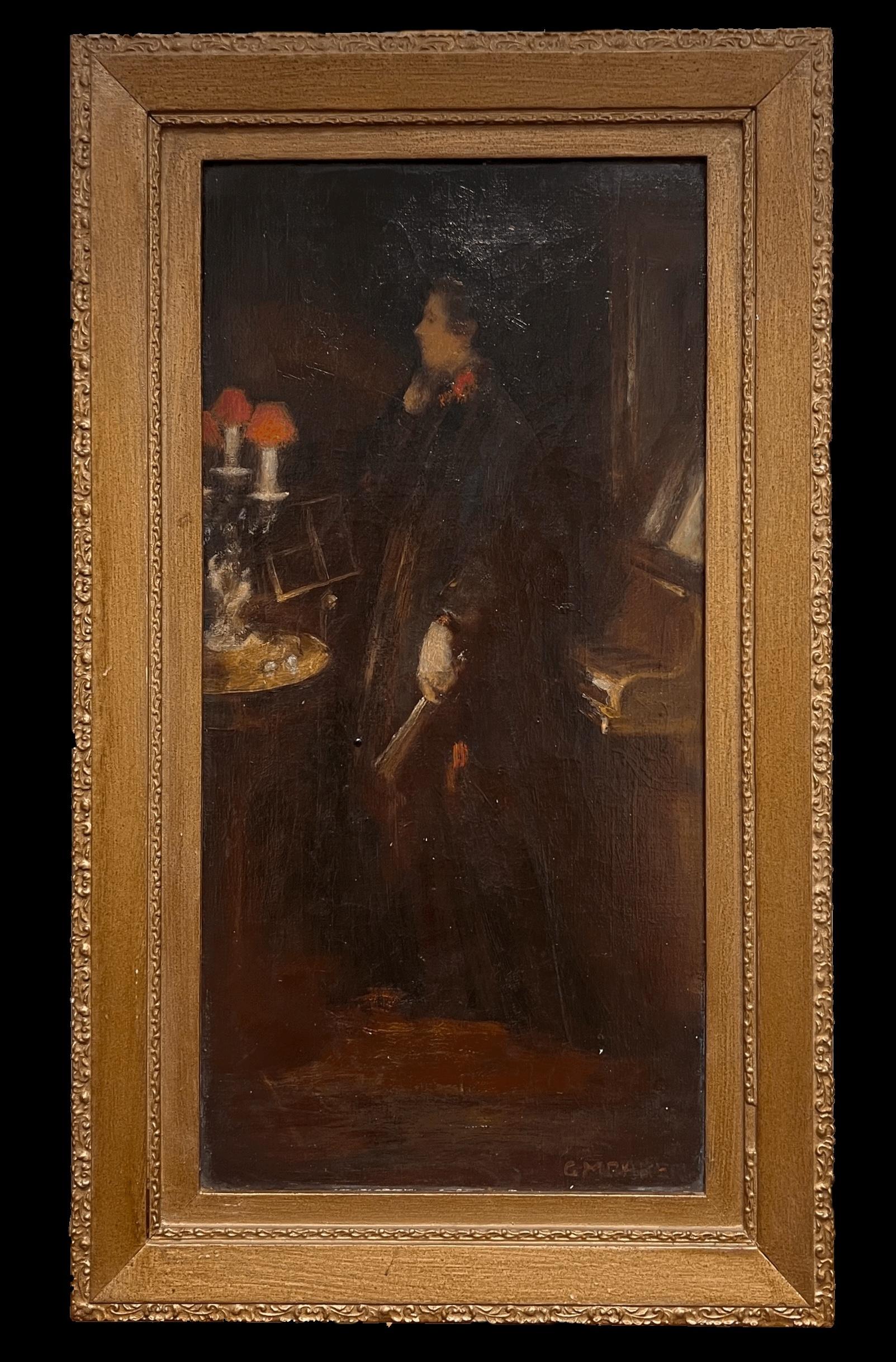1920's Pintura al óleo británica firmada Retrato Dama junto a piano Escena luminosa interior