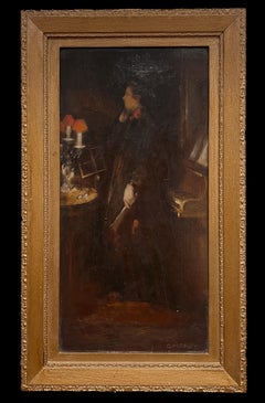 Pittura ad olio britannica del 1920 firmata Ritratto di signora con pianoforte Scena di luce interna