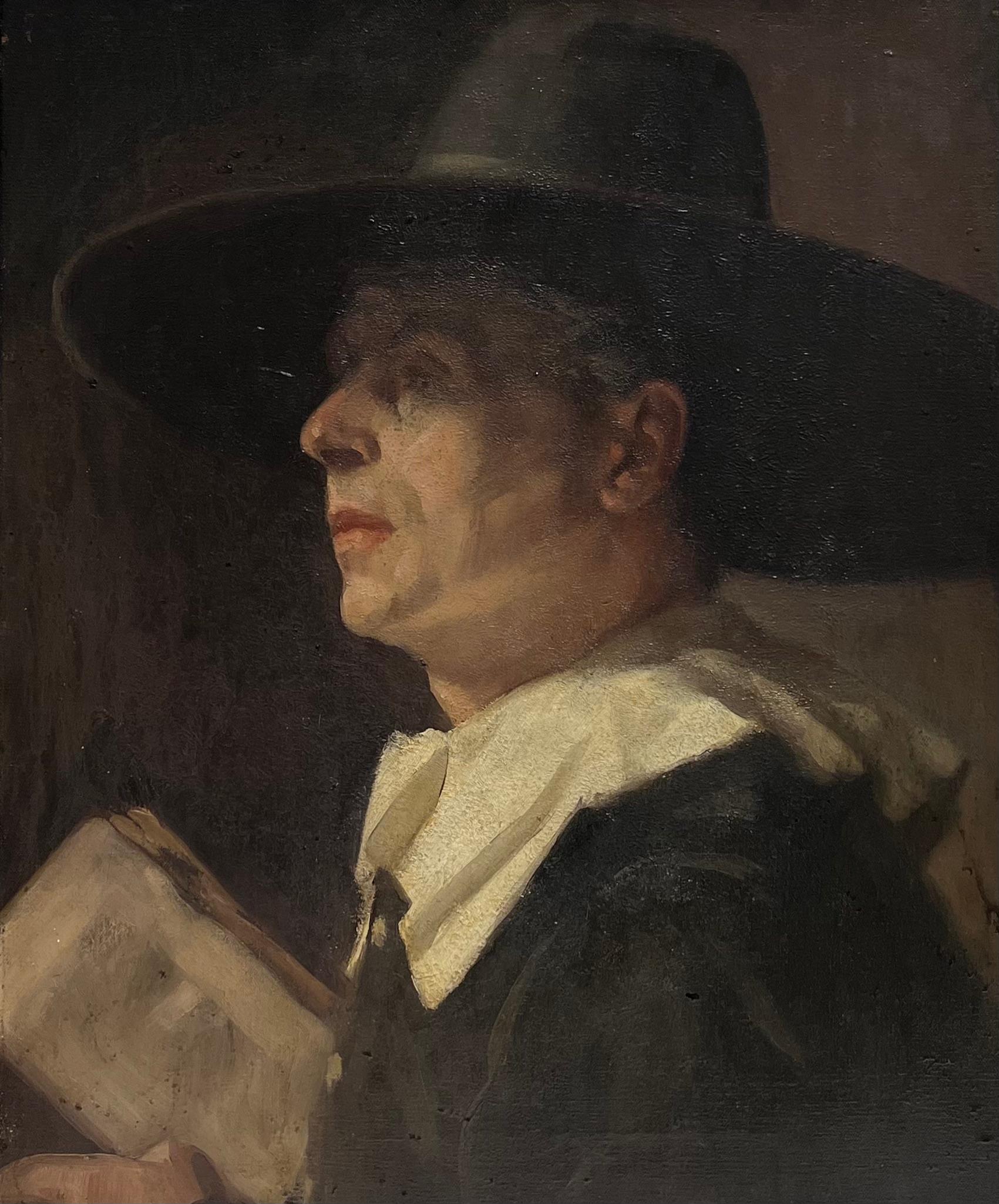 El predicador puritano Pintura al óleo inglesa antigua Retrato de un caballero puritano - Painting de Gladys Marguerite Baker (British, 1889-1959)