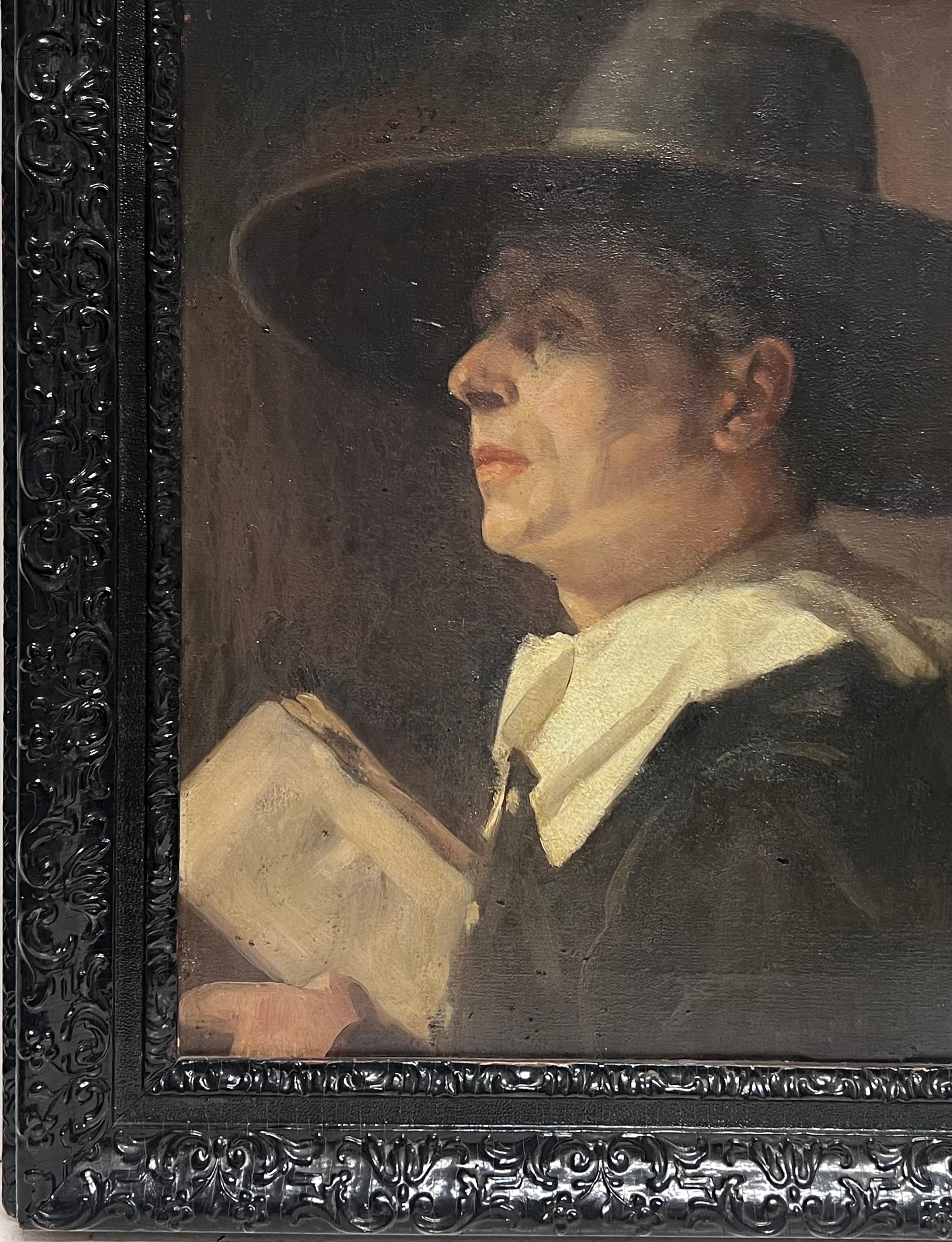 El predicador puritano Pintura al óleo inglesa antigua Retrato de un caballero puritano - Portrait Painting Negro de Gladys Marguerite Baker (British, 1889-1959)