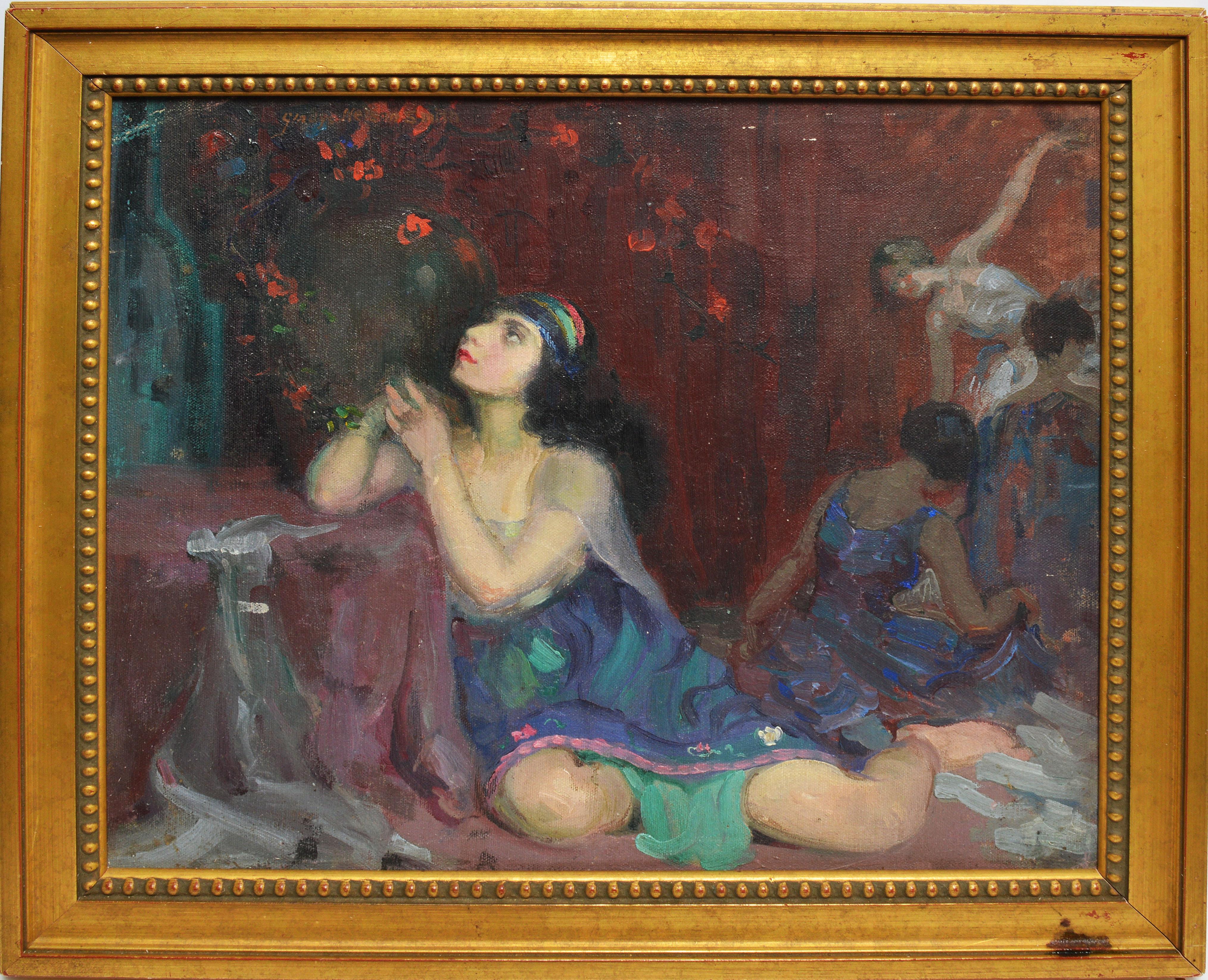 Impressionist view of women by Gladys Nelson Smith  (1890 - 1980).  Oil on board, circa 1930.  Signed upper left.  Displayed in a giltwood frame.  Image size, 16"L x 14"H, overall 19"L x 17"H.