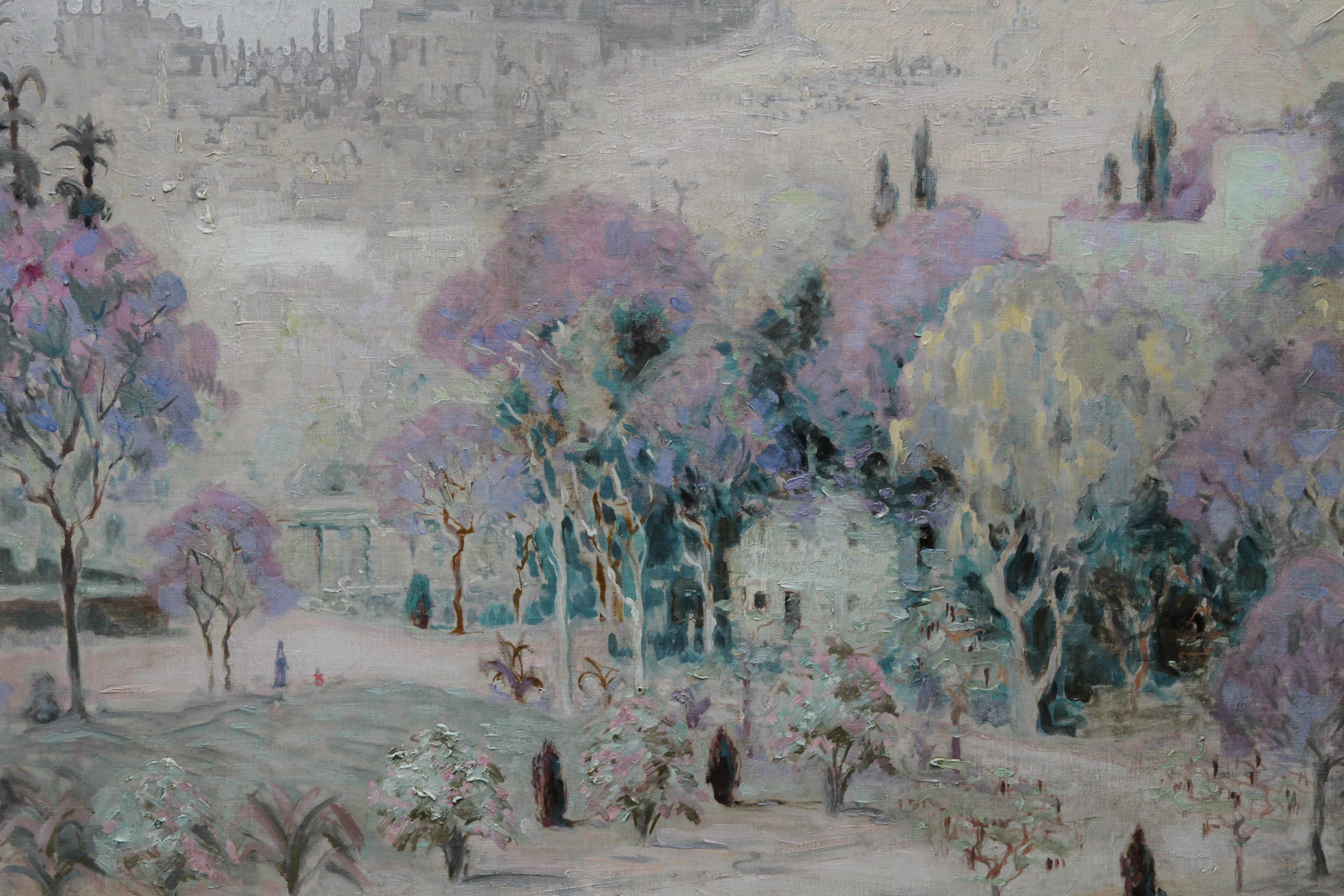 This striking oil on canvas painting is by Irish artist Gladys Nolan and was painted circa 1930. This Post Impressionist view is of Istanbul, Turkey with the spires of the iconic Blue Mosque and other buildings in the background. In the foreground