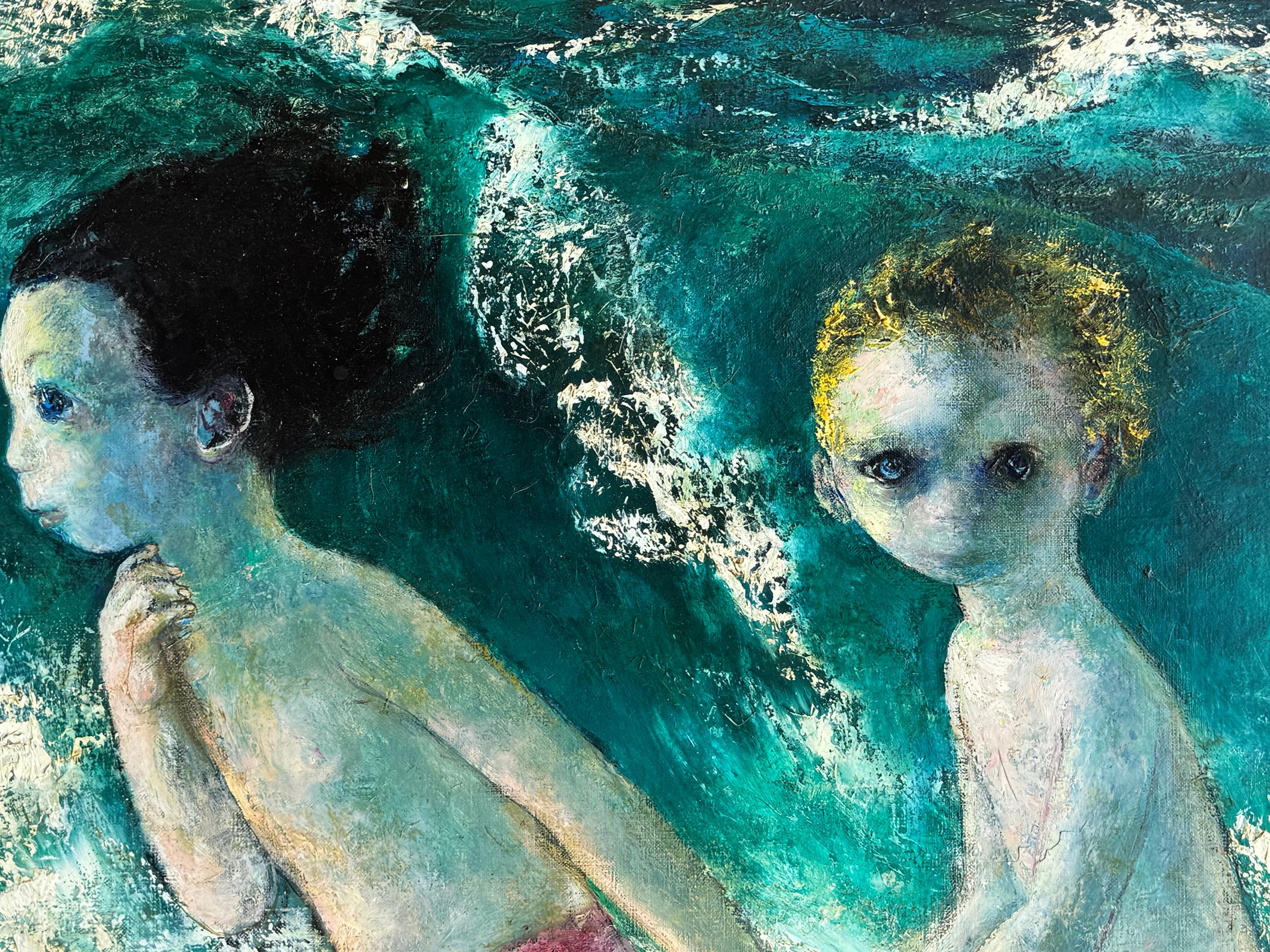 The innocence of youth is personified in this charming painting, which depicts an older sister and younger brother running on the beach amidst crashing waves. The boy looks at the viewer as the girl leads him forward. It's a touching, captured magic