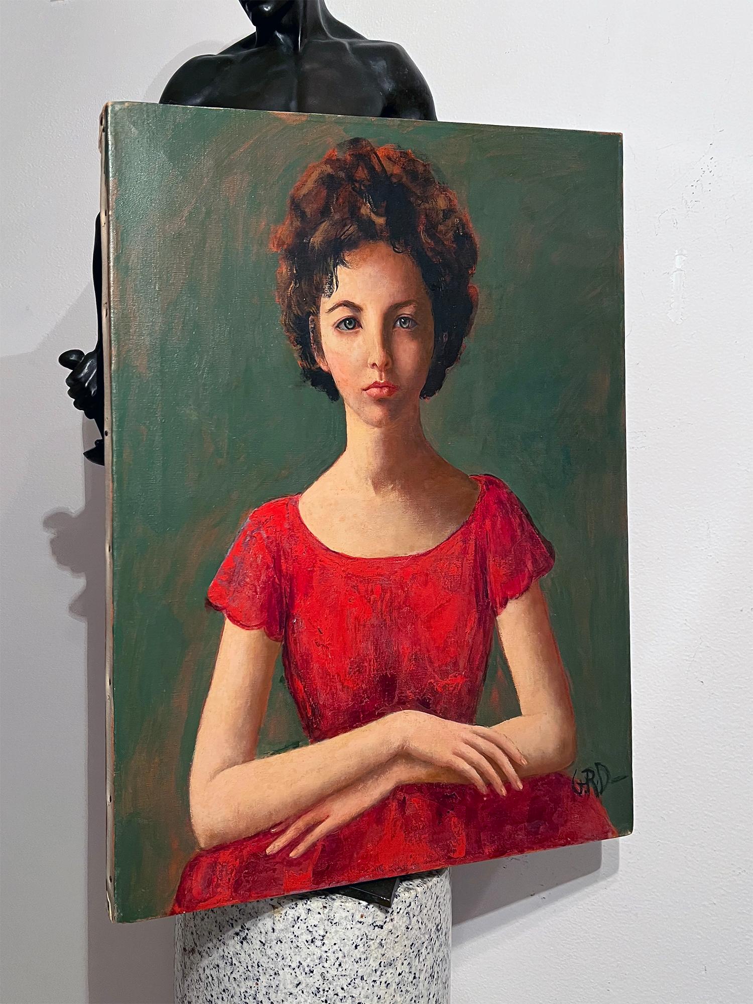 Mid-century female illustrator/artist  Gladys Rockmore Davis paints a compelling portrait of a contemplative beauty who looks like Elizabeth Taylor.  Frontal and lateral forces work together in this pyramidal composition. The sitter stares down at