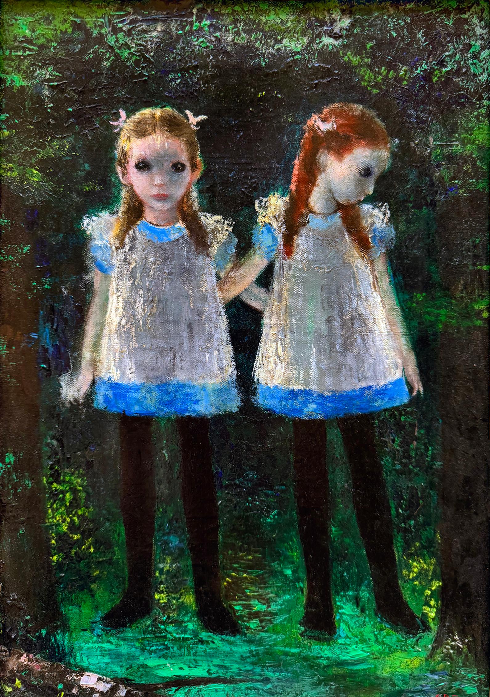 Gladys Rockmore Davis Portrait Painting – Junge Mädchen im Wald Schwestern - Zwillinge - Freunde