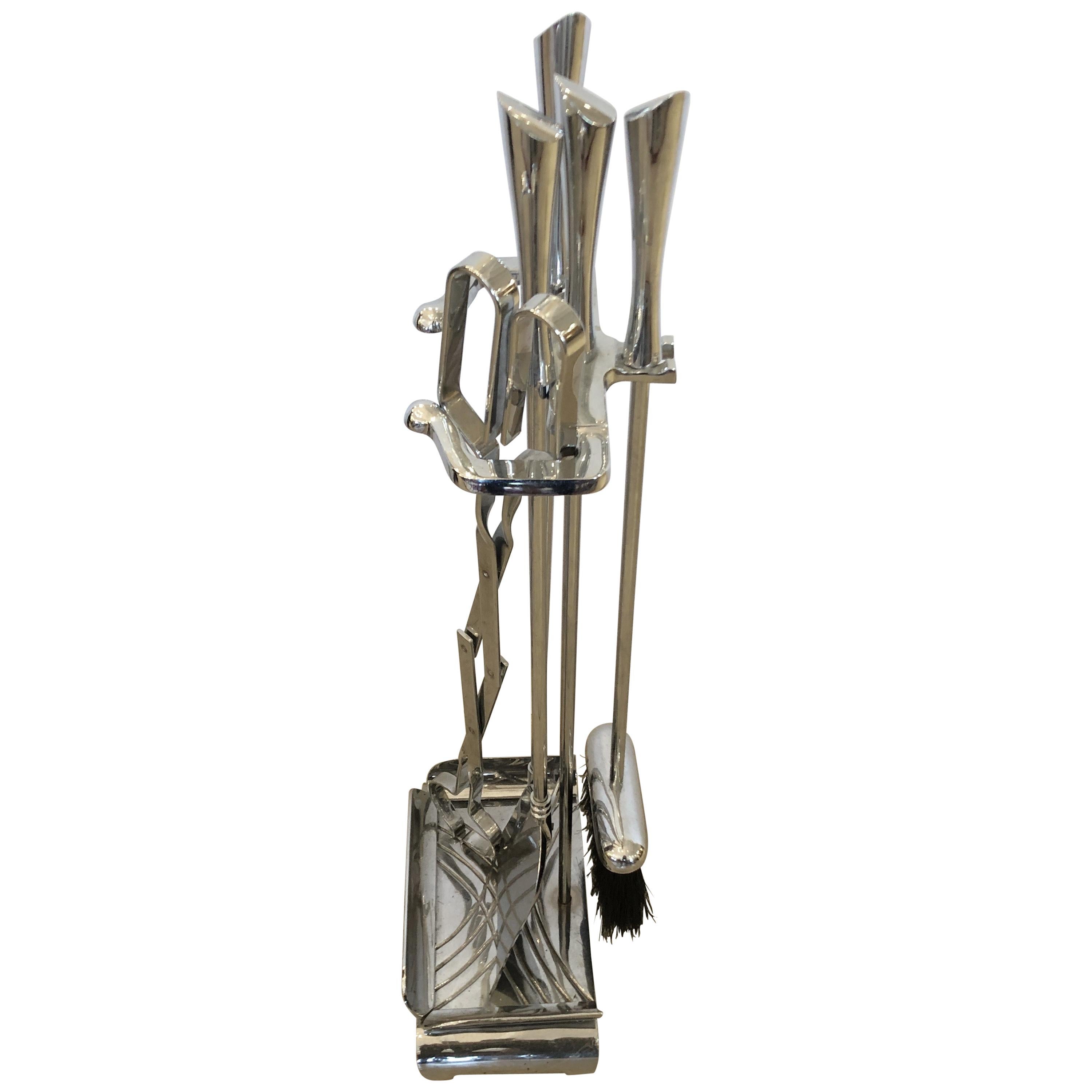 Set di attrezzi per caminetto Glam 5 pezzi Art Deco Chrome in vendita