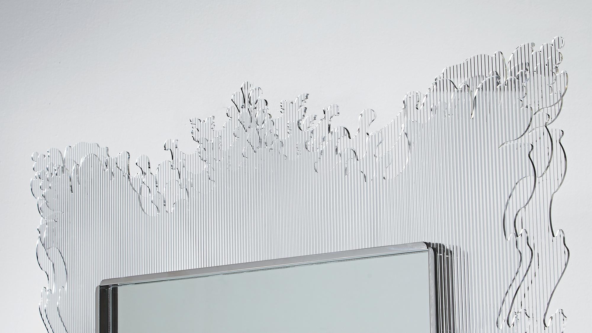 Glam Baroque (Mirror-Stripe) is a Contemporary Neo-Baroque sculptural wall mirror that reinterprets the ornate richness of Baroque aesthetics through layered plexiglass and meticulous craftsmanship. Three overlapping panels follow distinct
