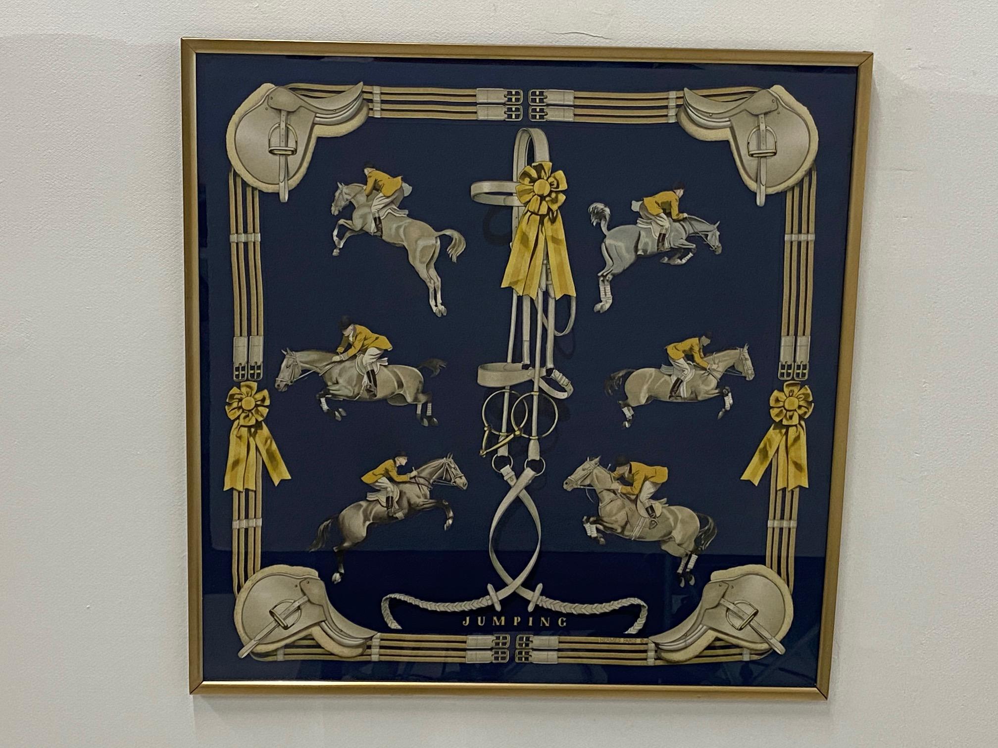 Classic framed Hermes scarf with wonderful equestrian motif in navy blue and gold makes a graphic luxurious piece of art. Simple custom gold frame.