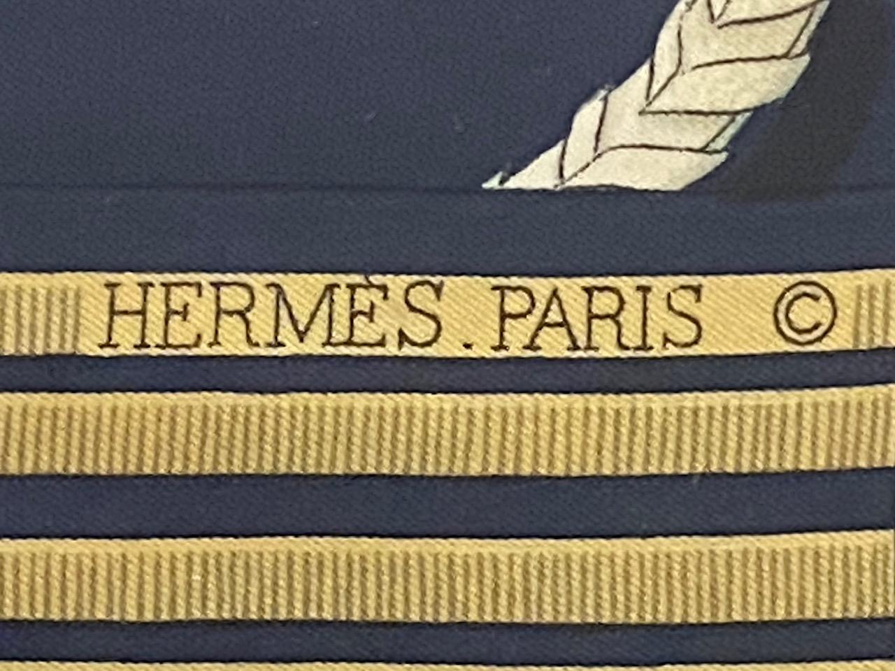 French Glam Framed Vintage Hermes Scarf in Navy Blue and Gold
