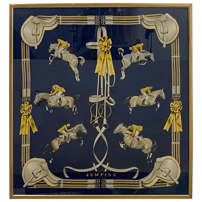 Glam Framed Vintage Hermes Scarf in Navy Blue and Gold at 1stDibs