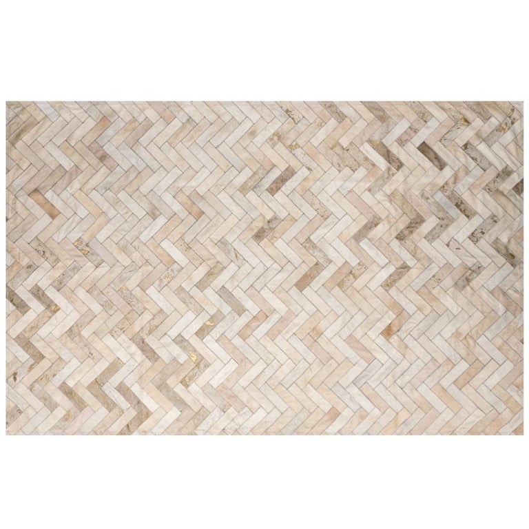 Glam Metallic Herringbone Estrella Cream Cowhide Rug by Art Hide For Sale at 1stDibs