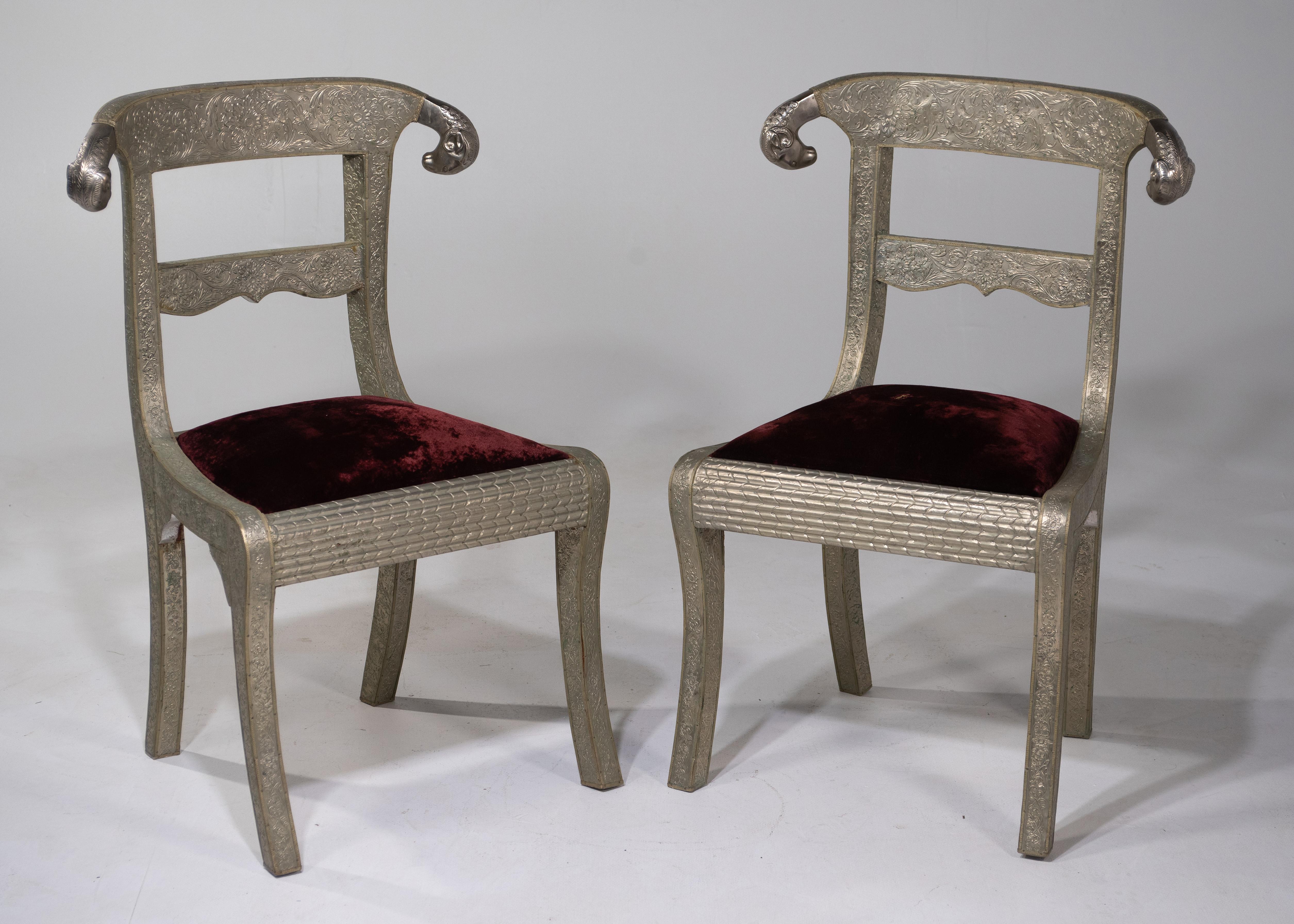 Glam Pair of Anglo Indian Regency Style Rams Head Side Chairs 4