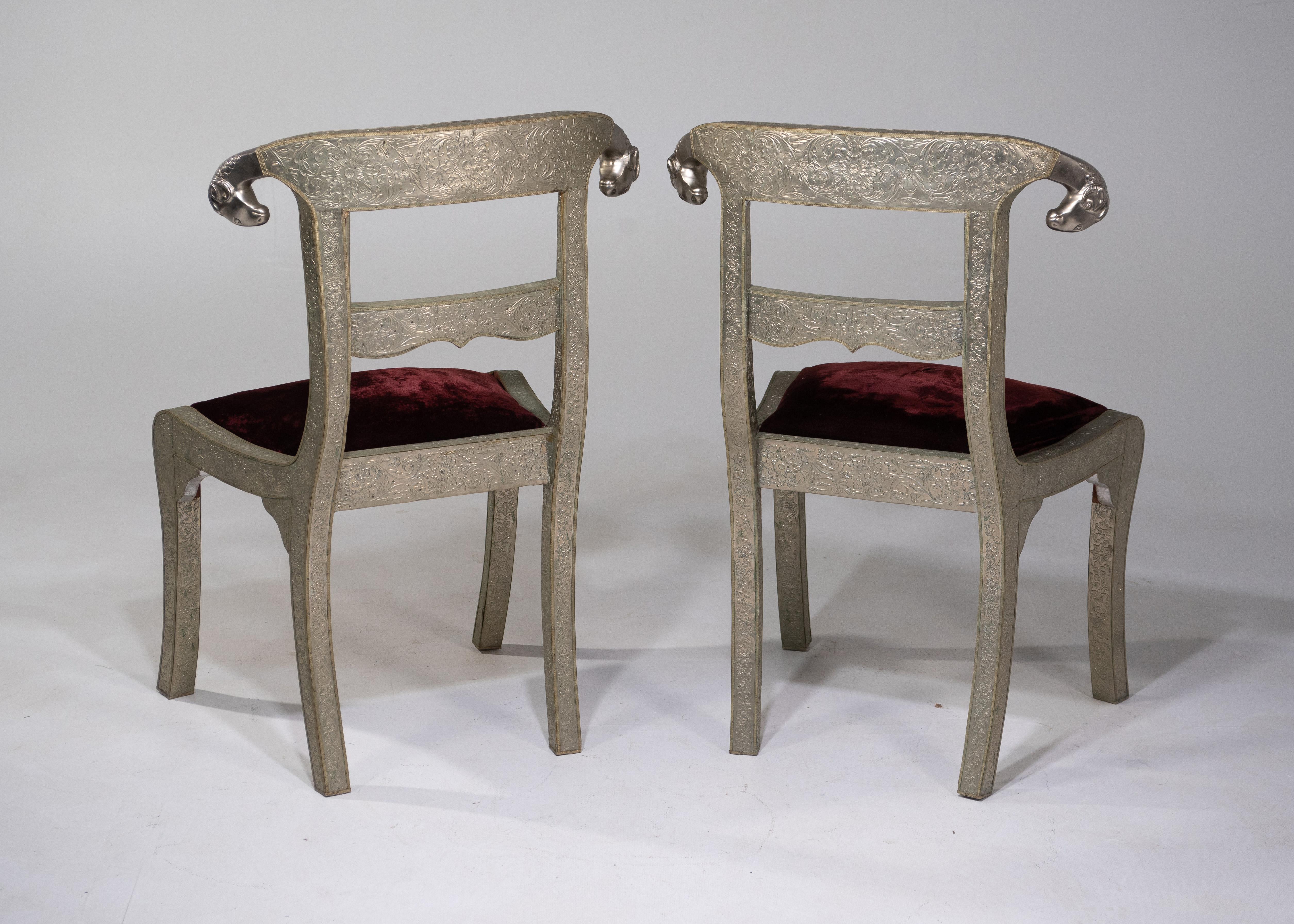 Glam Pair of Anglo Indian Regency Style Rams Head Side Chairs 5