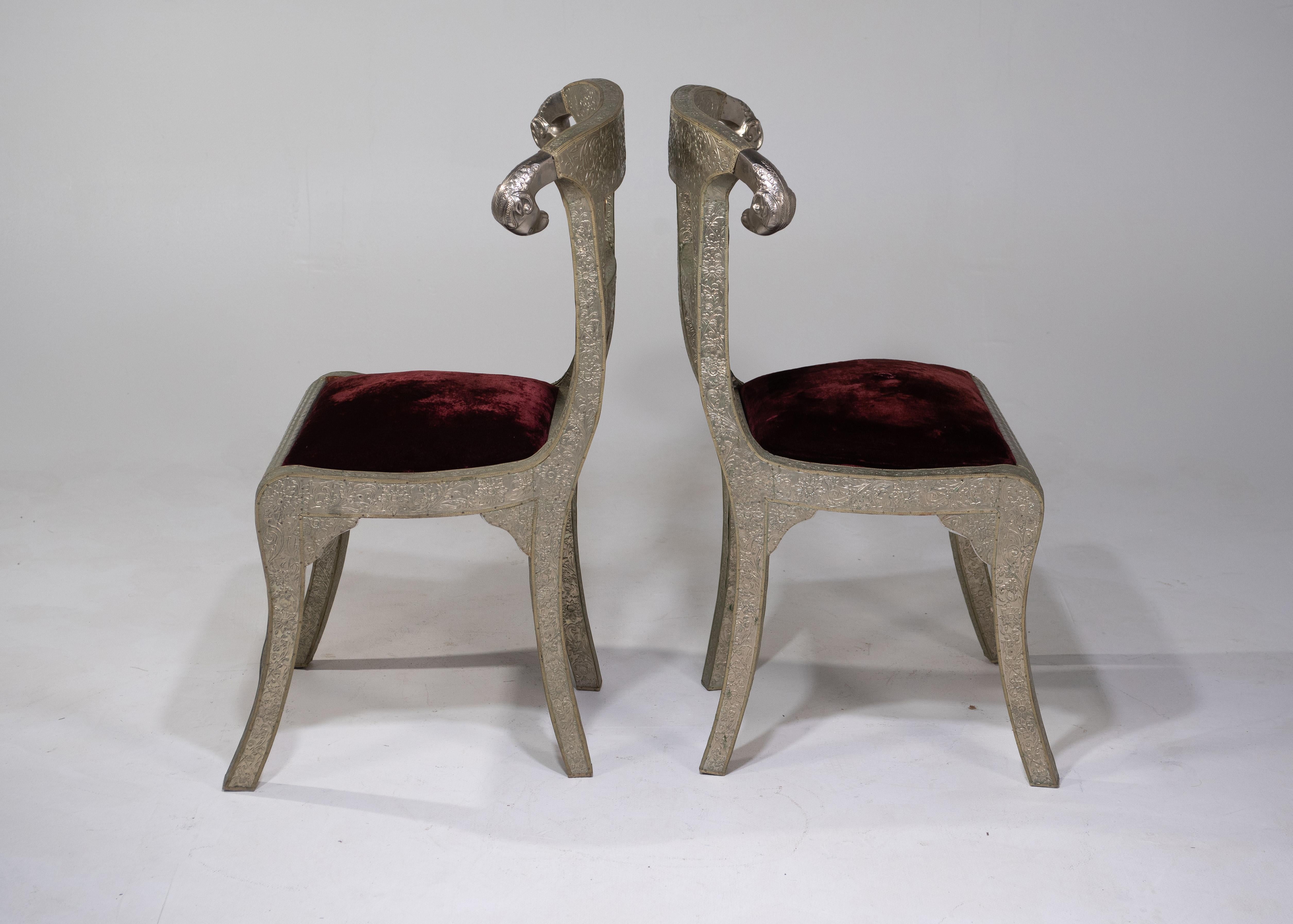 Anglo-Indian Glam Pair of Anglo Indian Regency Style Rams Head Side Chairs