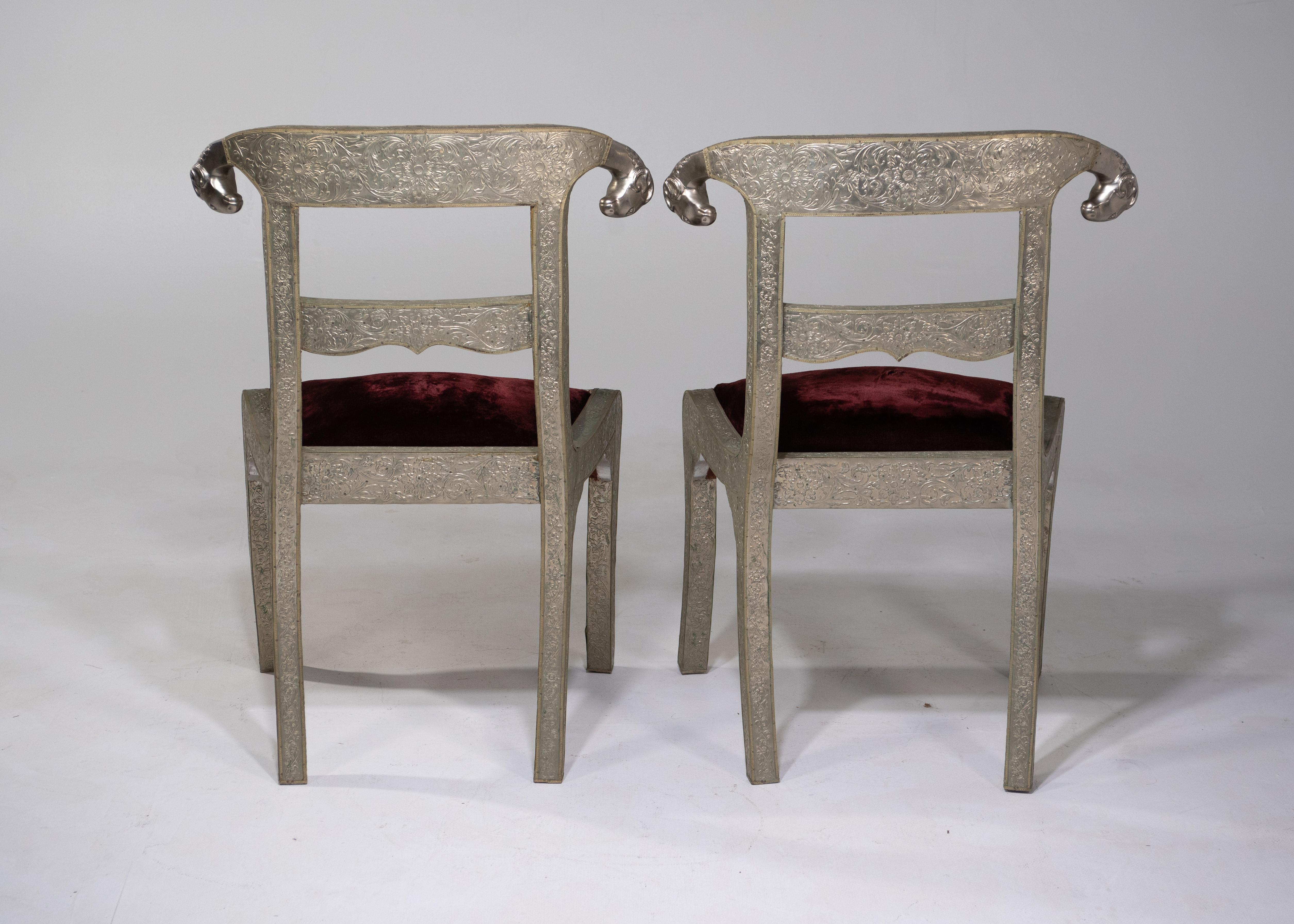 Glam Pair of Anglo Indian Regency Style Rams Head Side Chairs 2