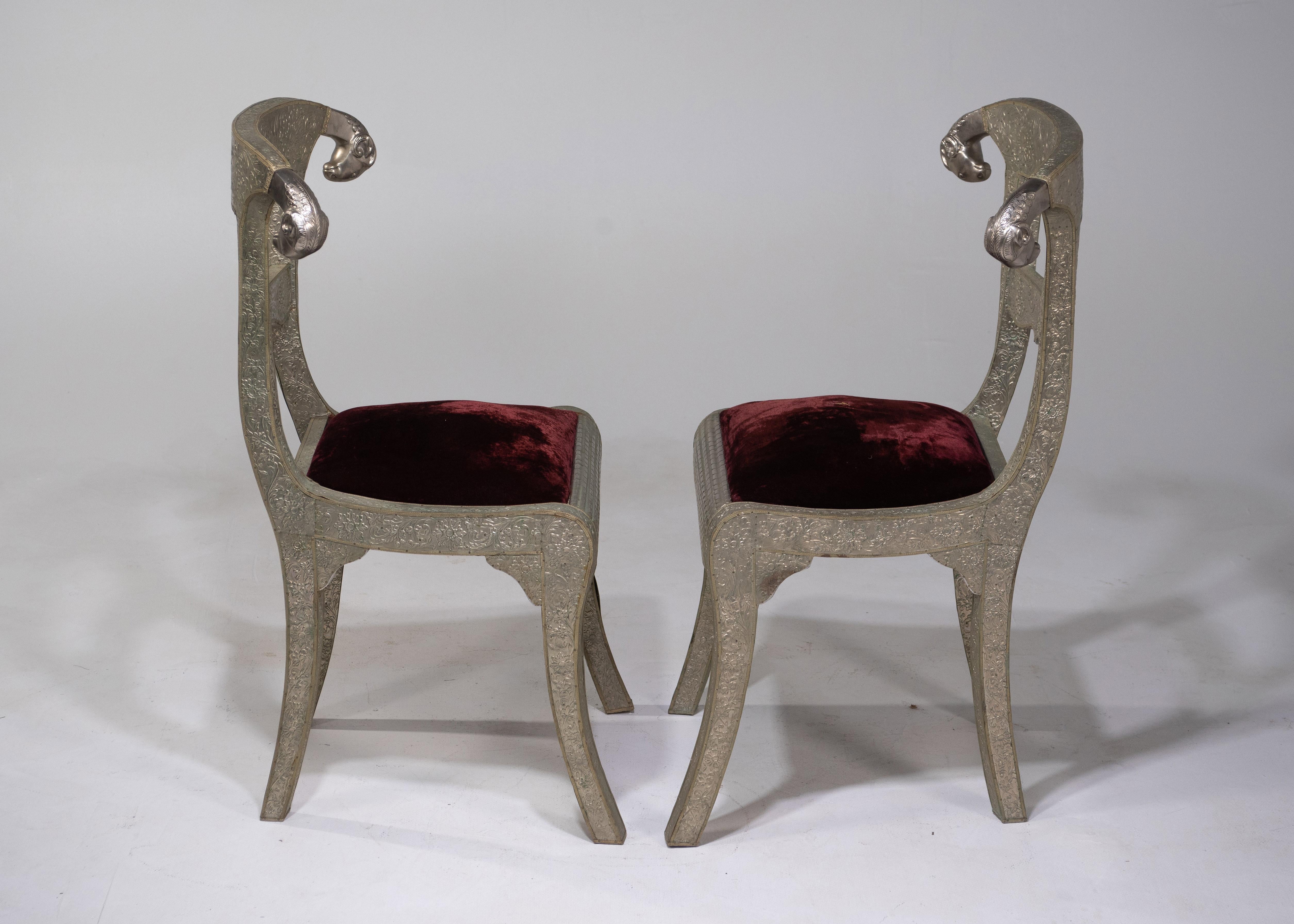 Glam Pair of Anglo Indian Regency Style Rams Head Side Chairs 3