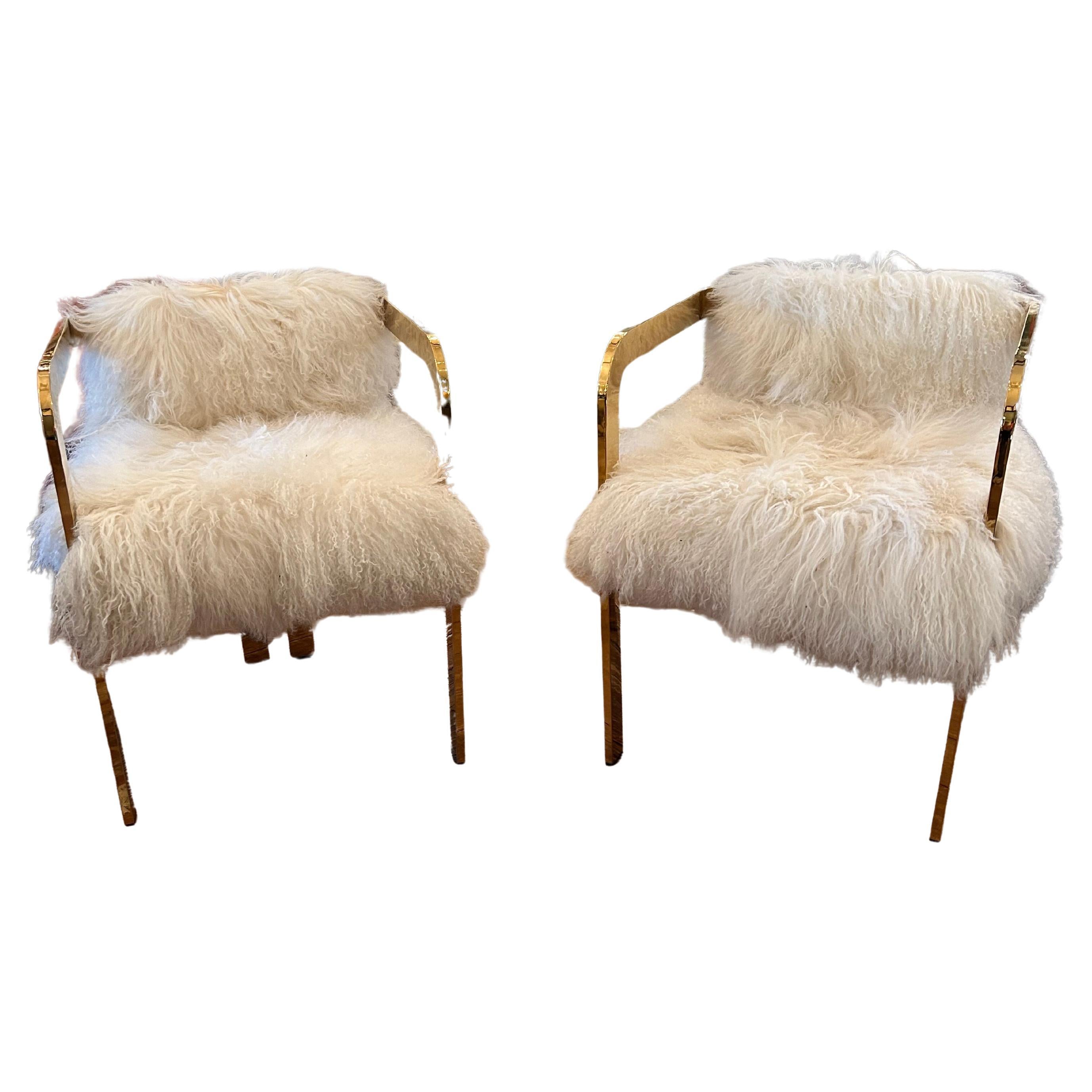 Glam-Paar  Esszimmer- oder Clubstühle aus Messing und mongolischem Fell von Modshop im Angebot