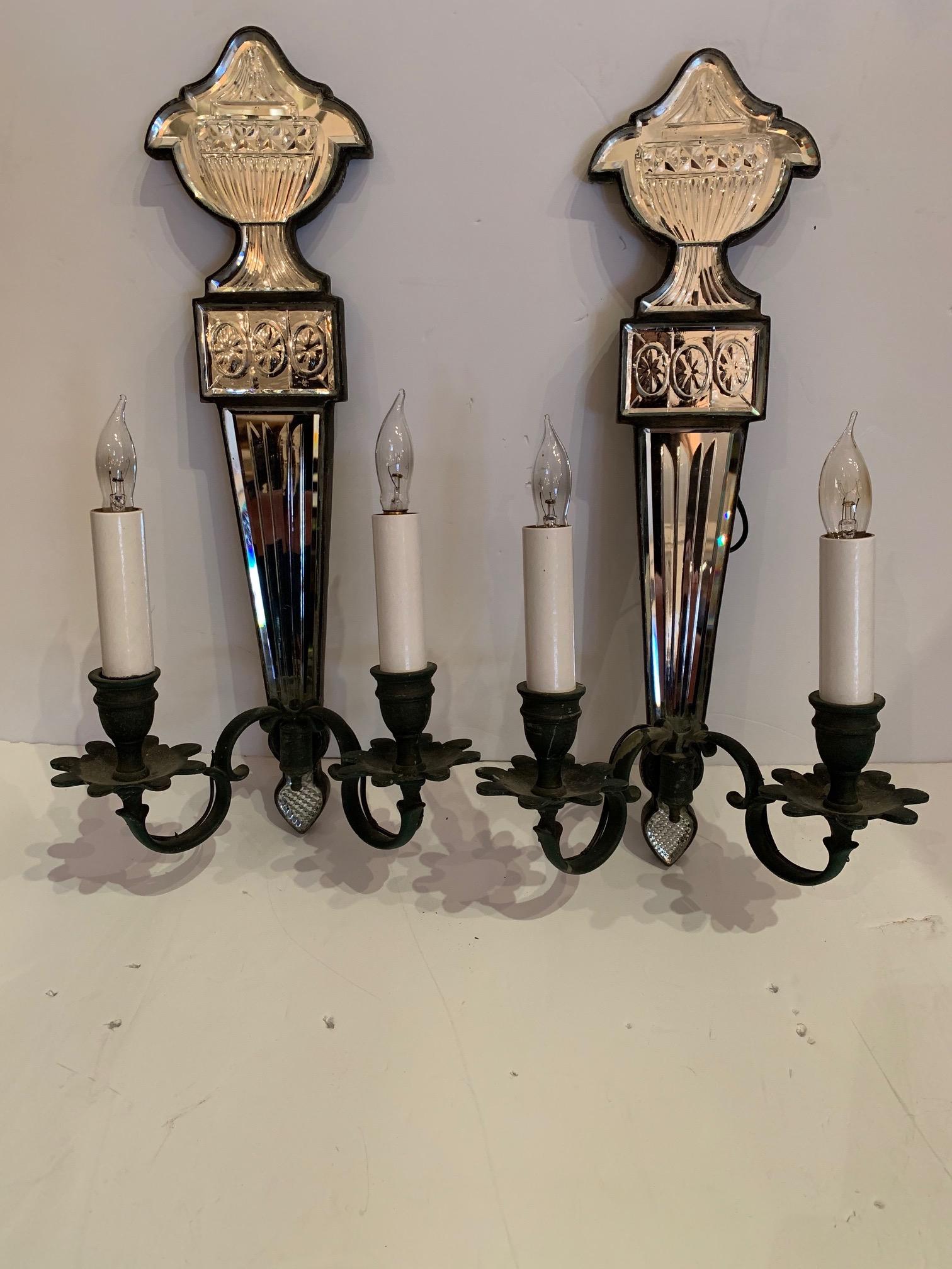 Neoclassical Glam Pair of Etched Mirror Sconces