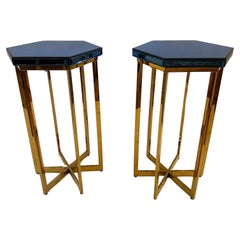 Glam Pair of Hollywood Regency Brass & Beveled Blue Mirrored End Tables