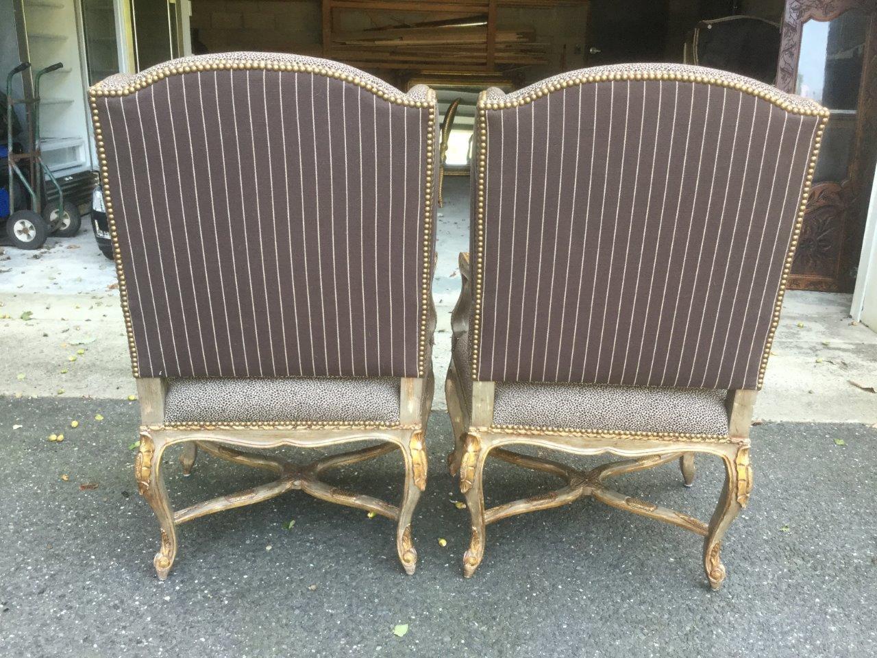 Glam Pair of Silver Painted French Wingback Chairs with Cheetah Upholstery For Sale 3