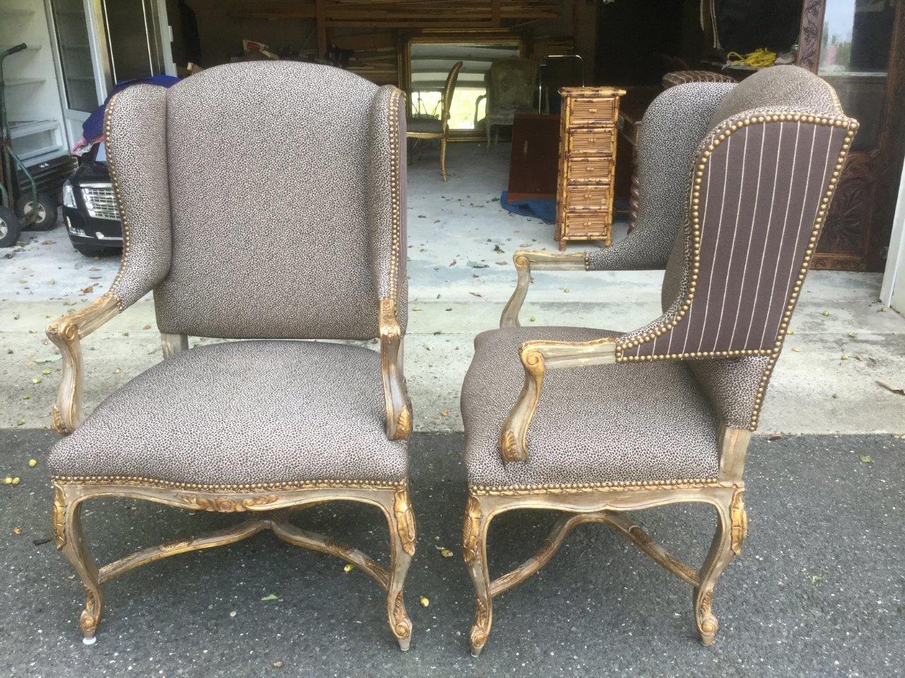 Louis XV Glam Pair of Silver Painted French Wingback Chairs with Cheetah Upholstery For Sale