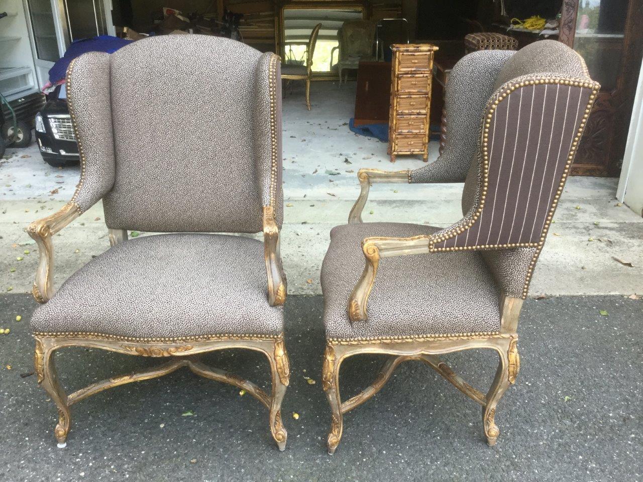 North American Glam Pair of Silver Painted French Wingback Chairs with Cheetah Upholstery For Sale
