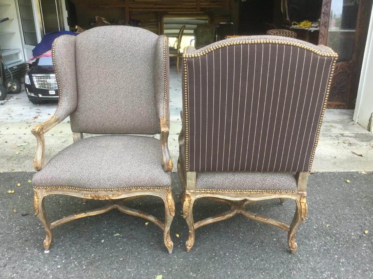 Glam Pair of Silver Painted French Wingback Chairs with Cheetah Upholstery In Good Condition For Sale In Hopewell, NJ