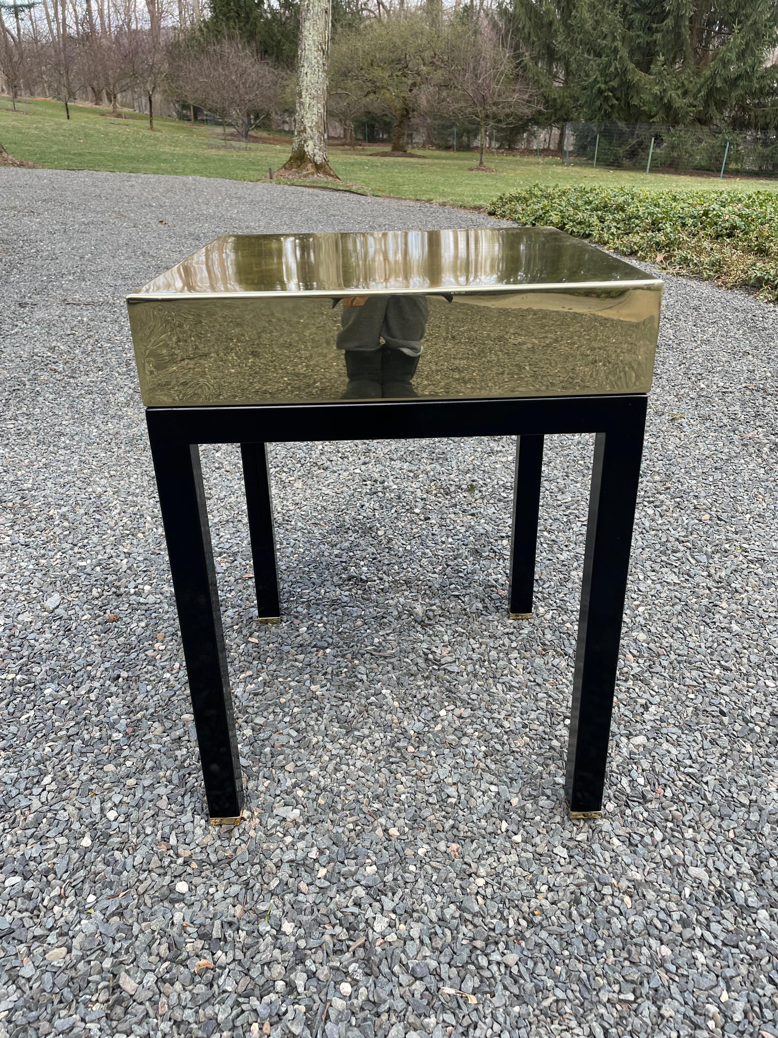 American Glam Pair of Sleek Modernist Brass & Ebonized Wood End Tables