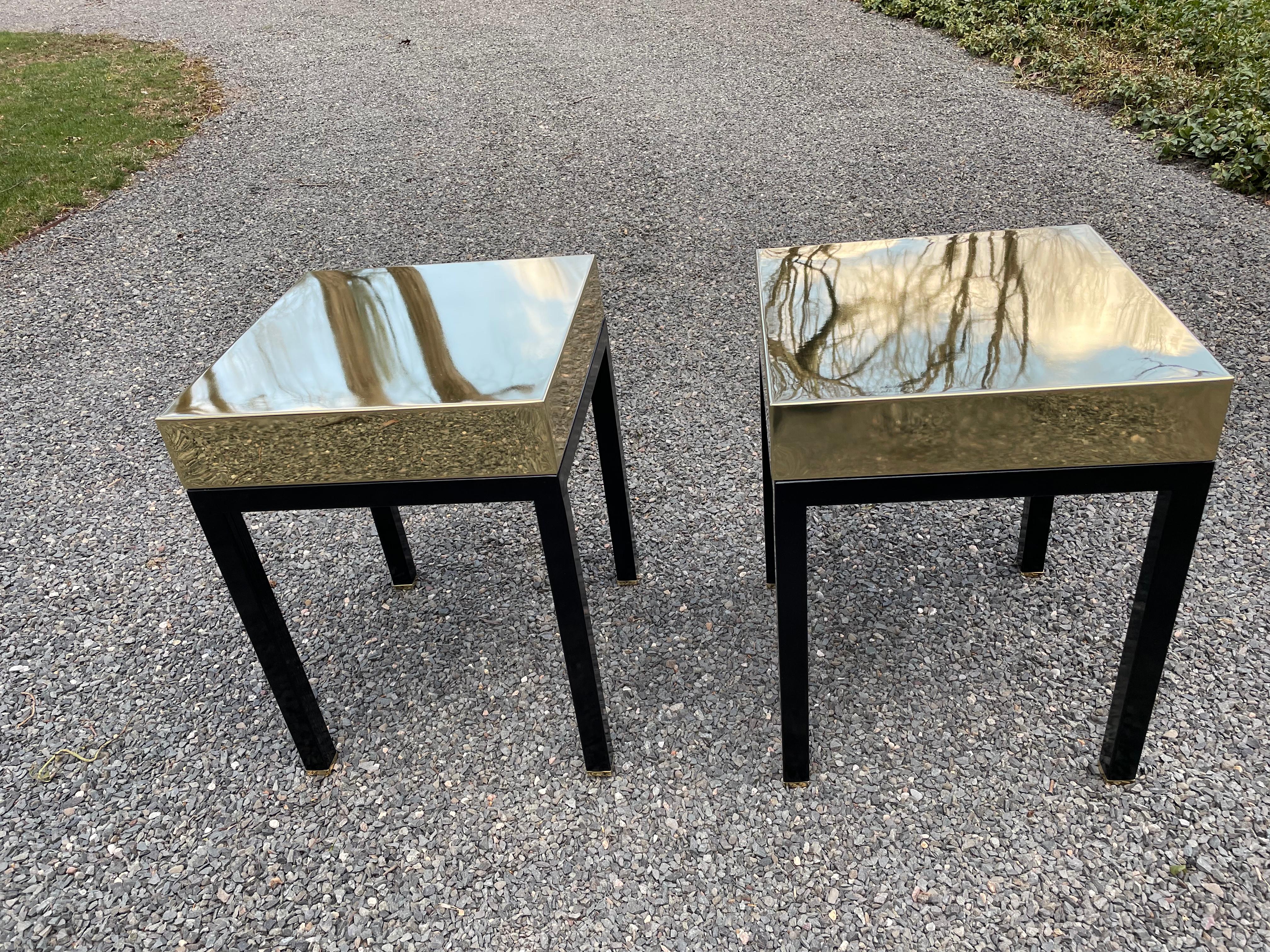 Glam Pair of Sleek Modernist Brass & Ebonized Wood End Tables 2
