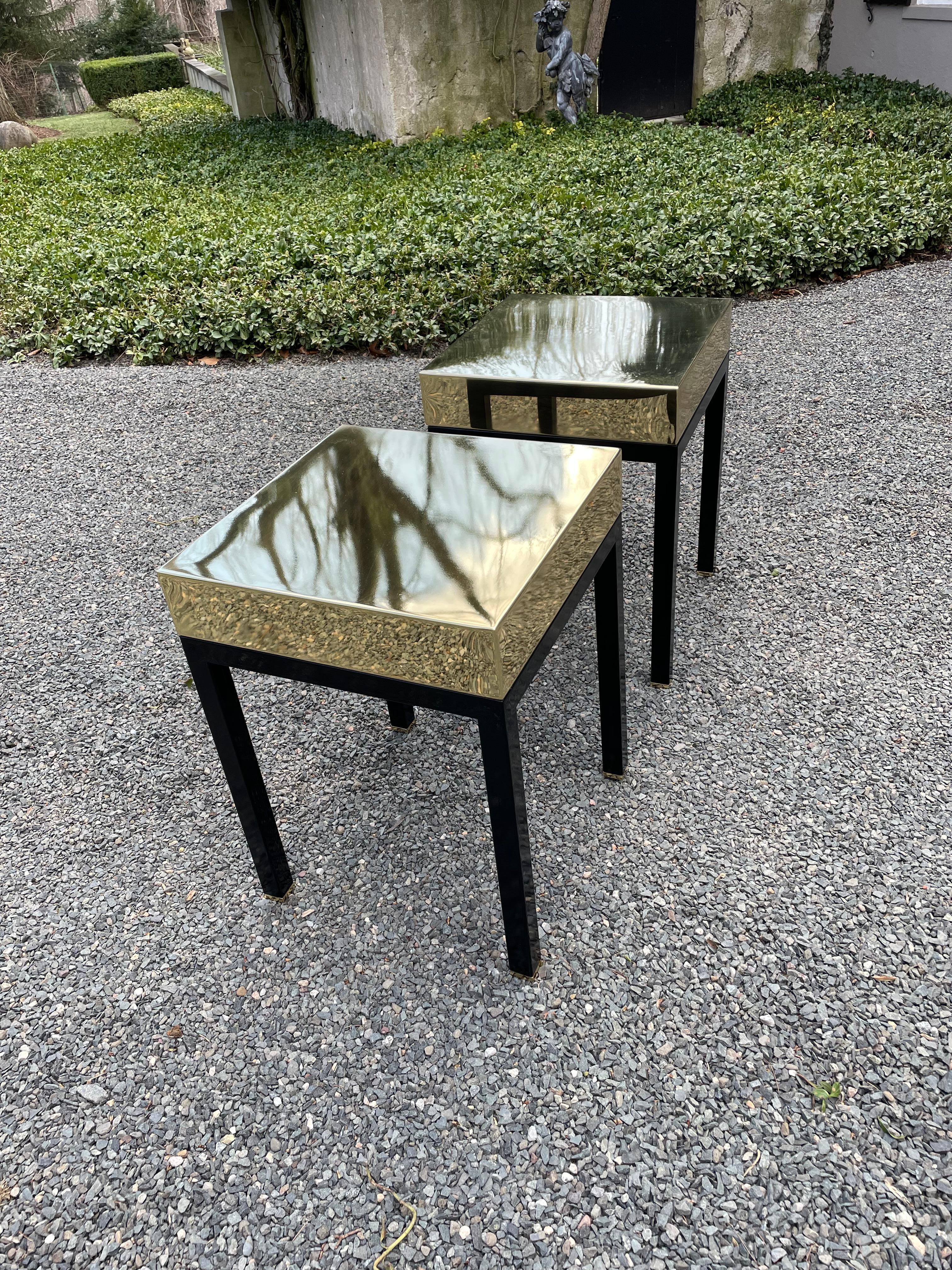 Glam Pair of Sleek Modernist Brass & Ebonized Wood End Tables 4