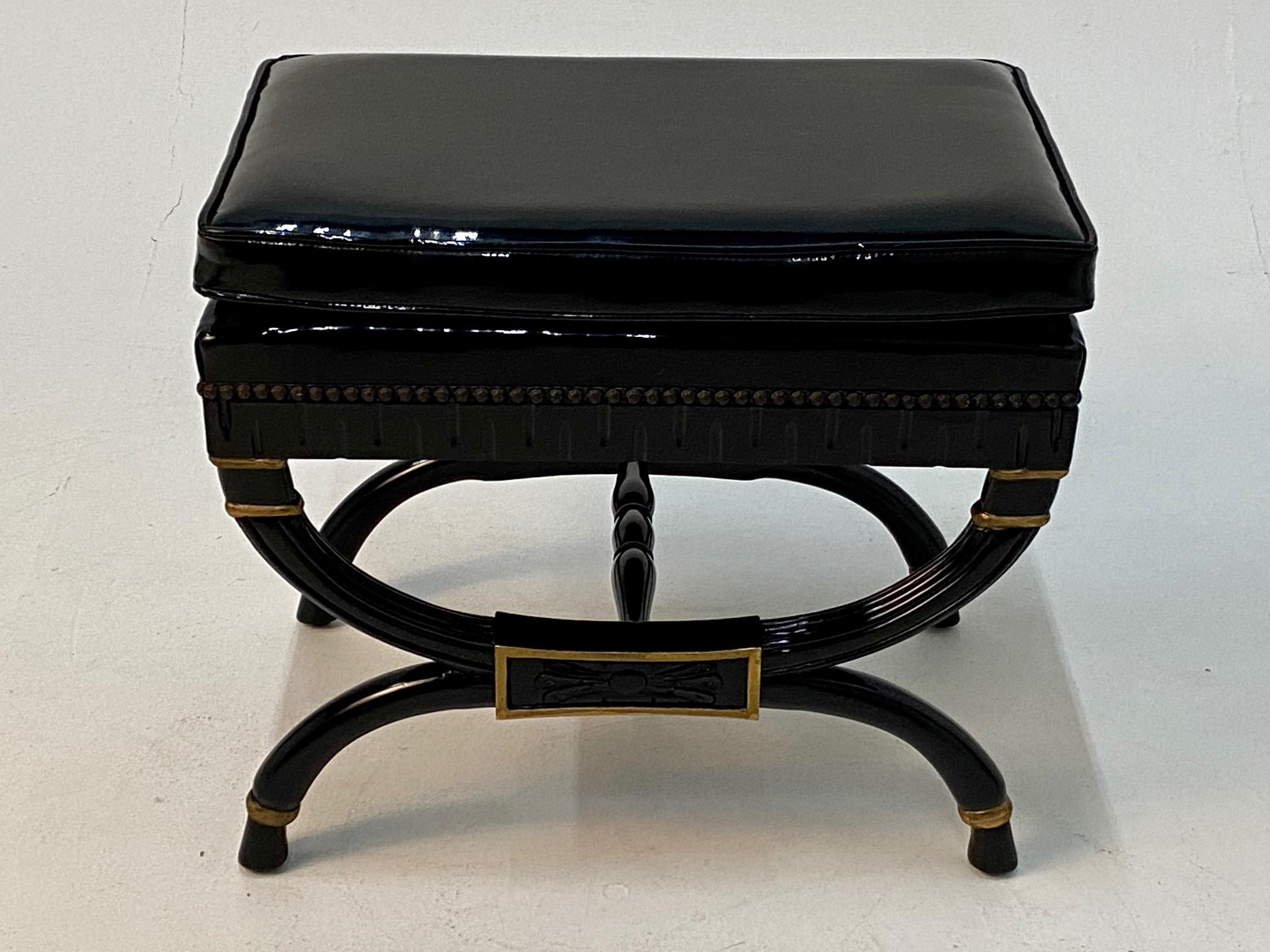Mid-20th Century Glam Regency Style Ebonized & Giltwood Ottoman with Patent Leather Upholstery