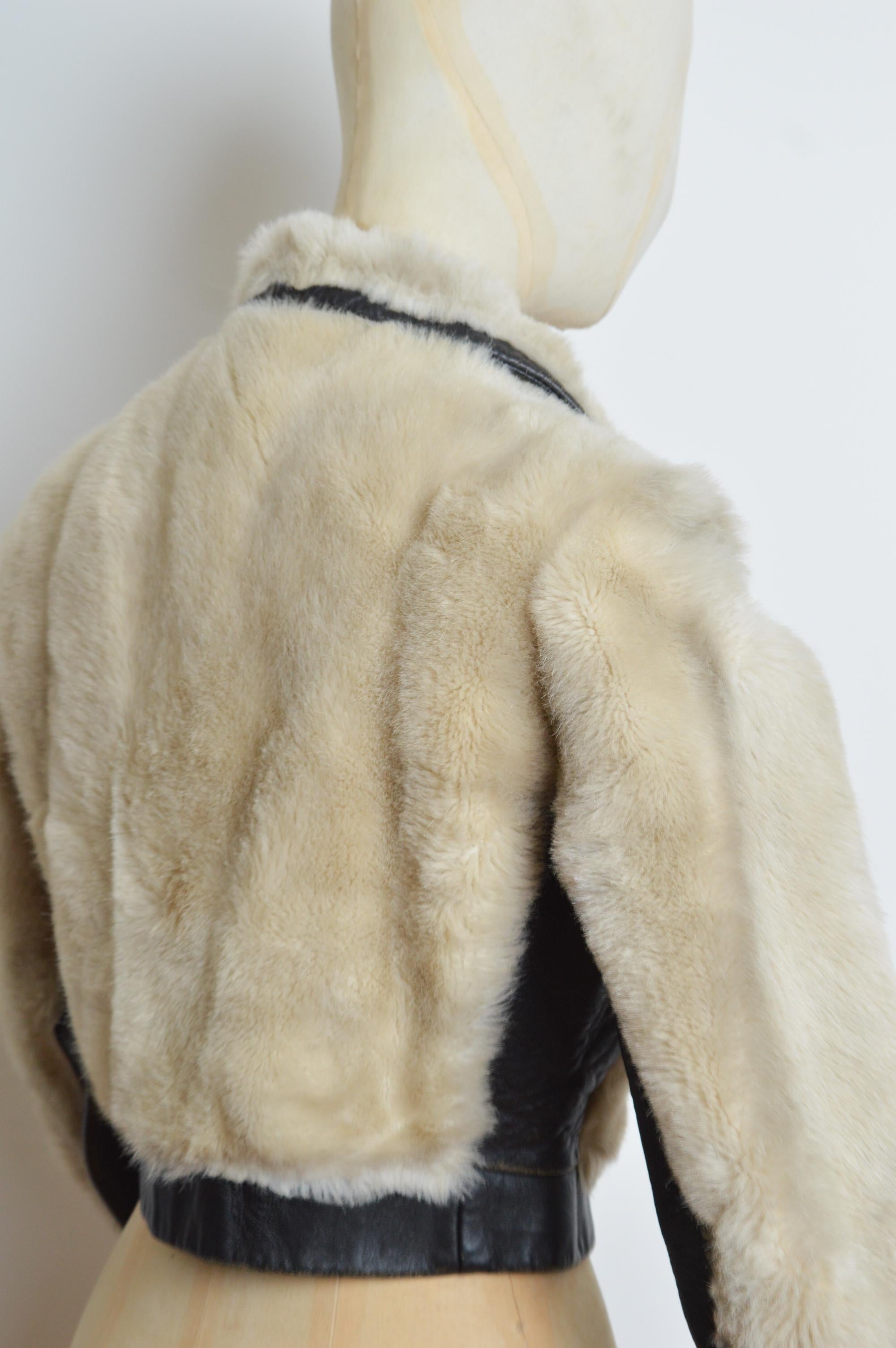 Glam Rock 1970’s White Faux Mink Fur & Black Leather Cropped Jacket - Coat 5