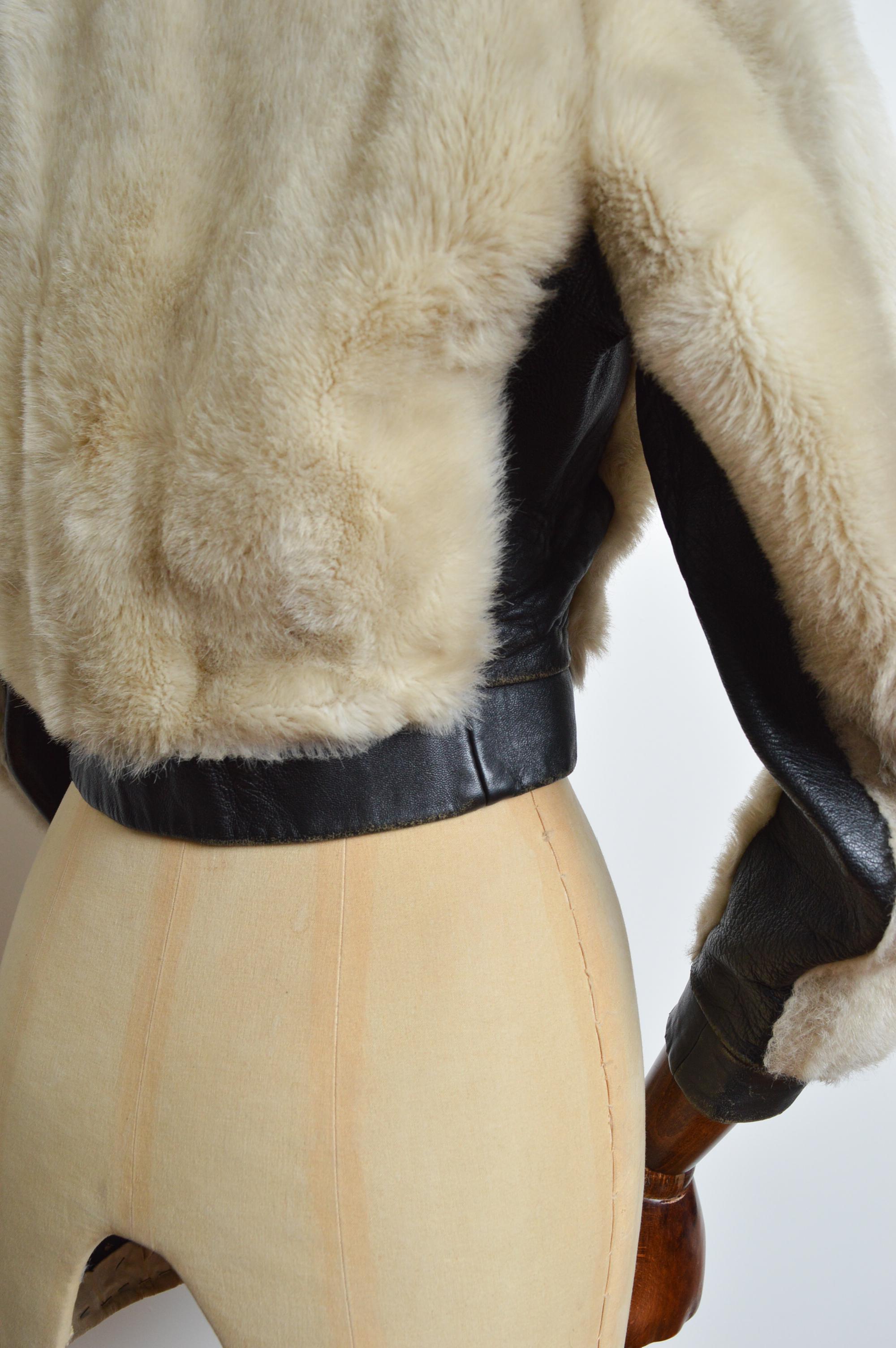 Glam Rock 1970’s White Faux Mink Fur & Black Leather Cropped Jacket - Coat 7