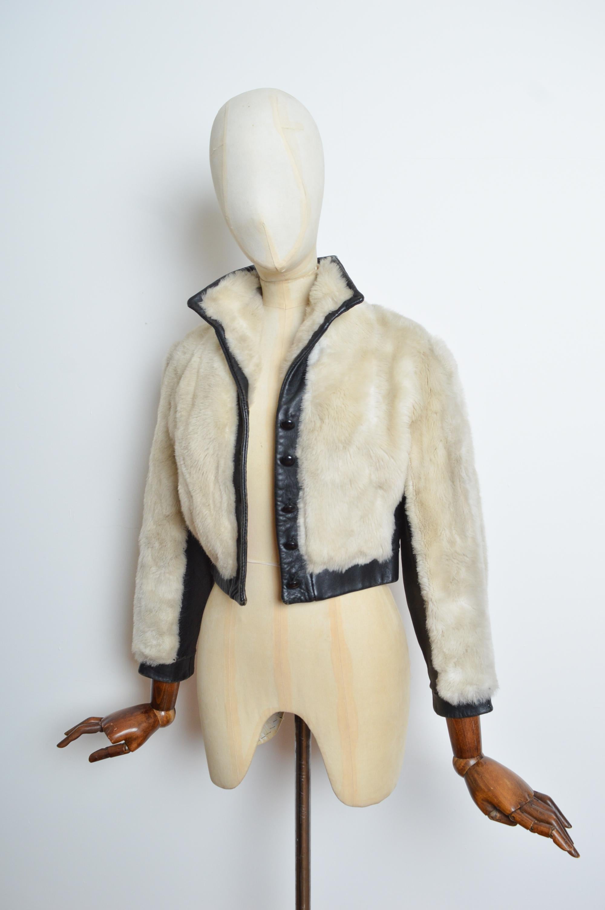 Beige Glam Rock 1970’s White Faux Mink Fur & Black Leather Cropped Jacket - Coat