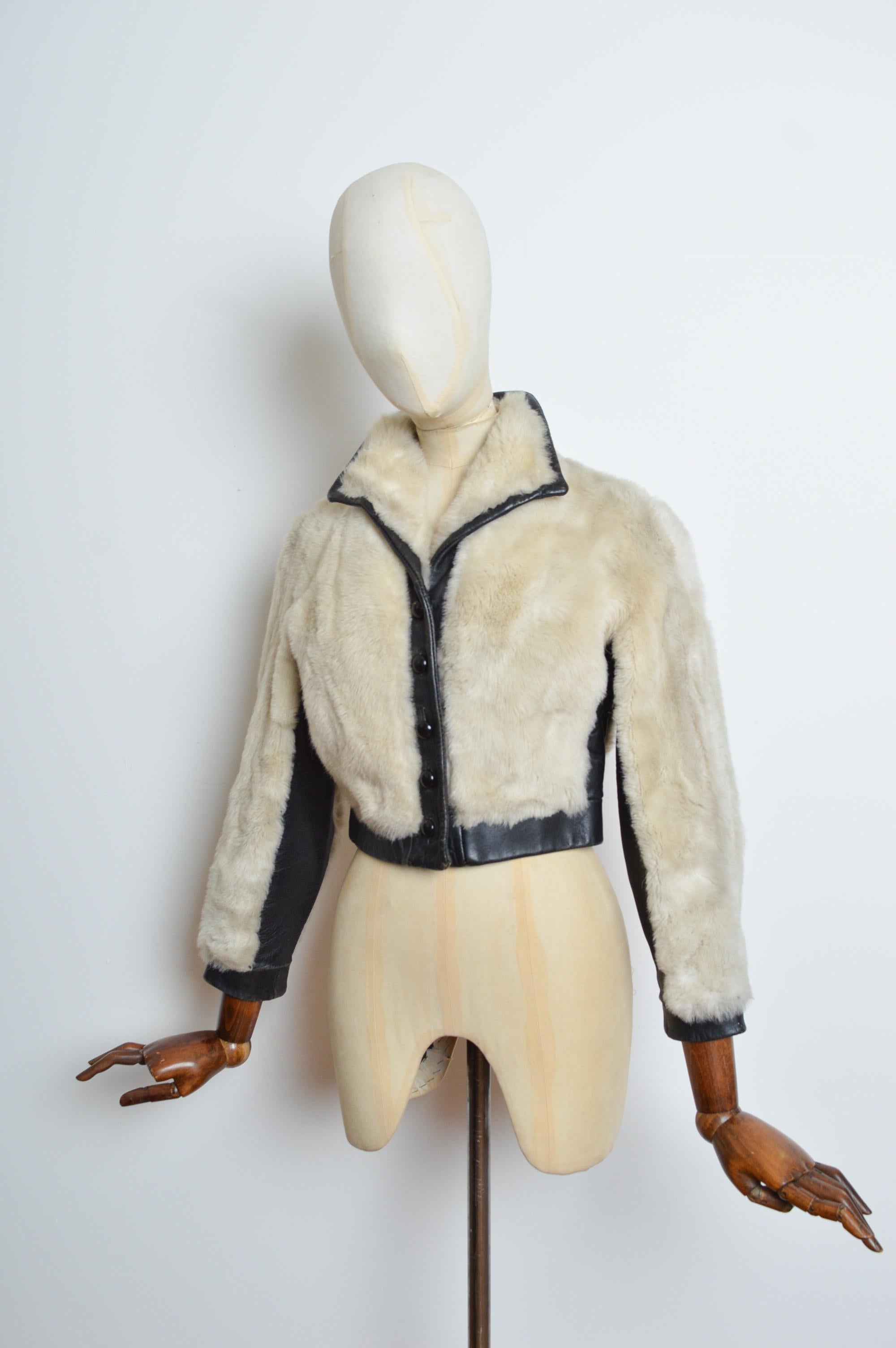 Glam Rock 1970’s White Faux Mink Fur & Black Leather Cropped Jacket - Coat In Fair Condition In Sheffield, GB