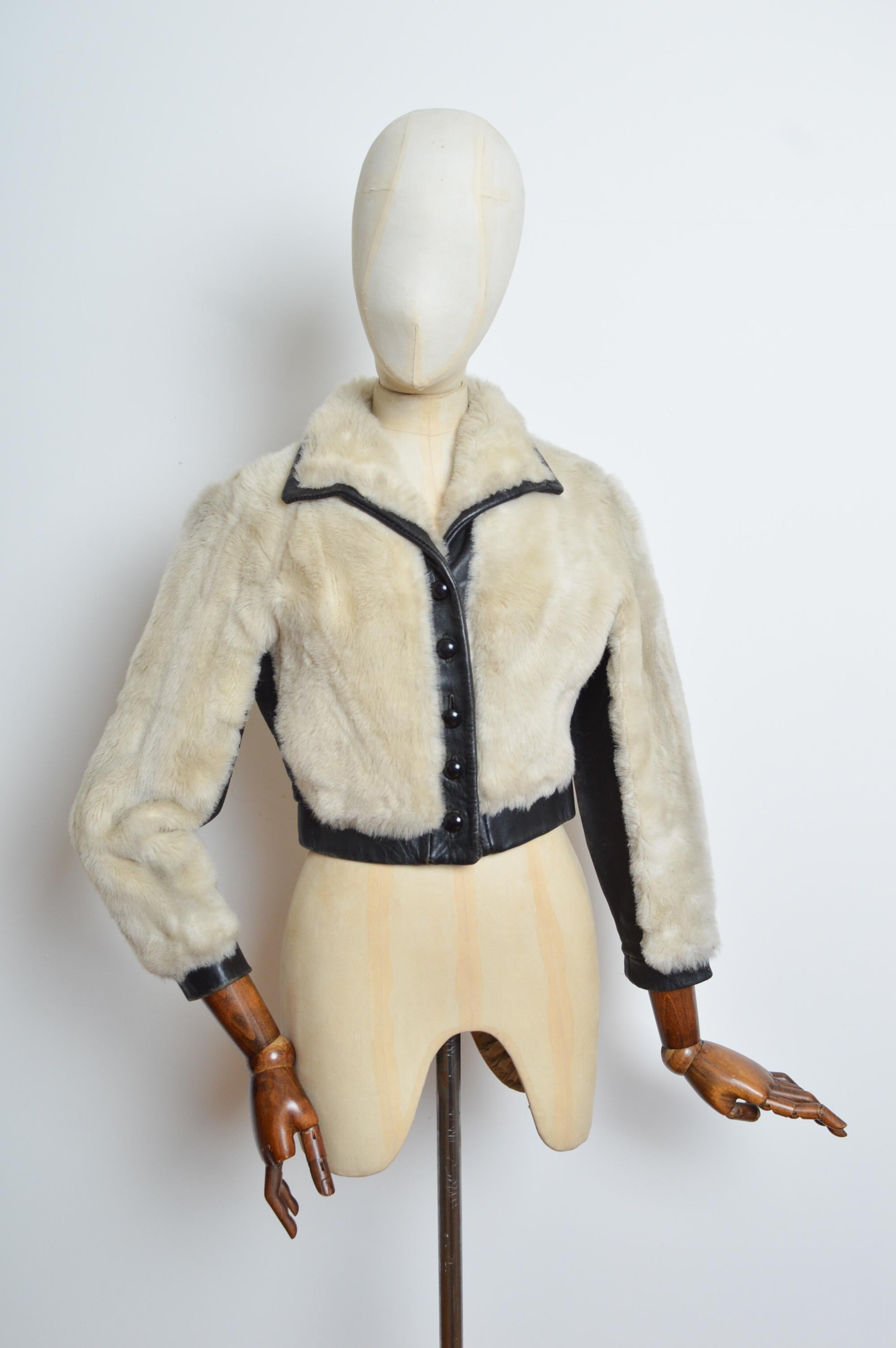Women's or Men's Glam Rock 1970’s White Faux Mink Fur & Black Leather Cropped Jacket - Coat