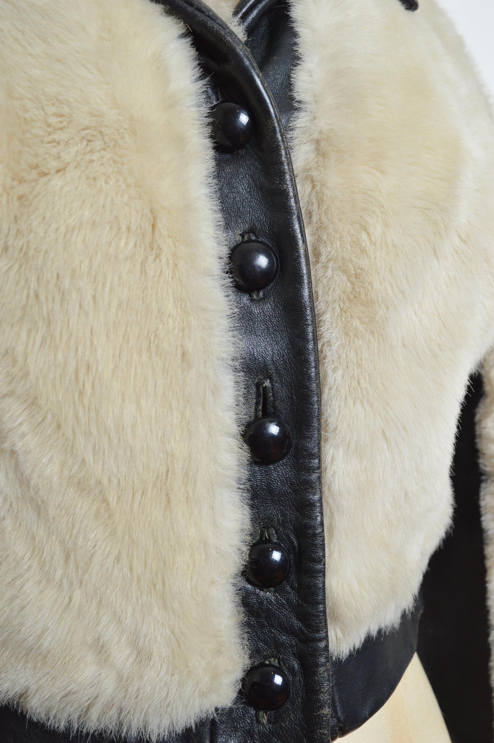 Glam Rock 1970’s White Faux Mink Fur & Black Leather Cropped Jacket - Coat 1